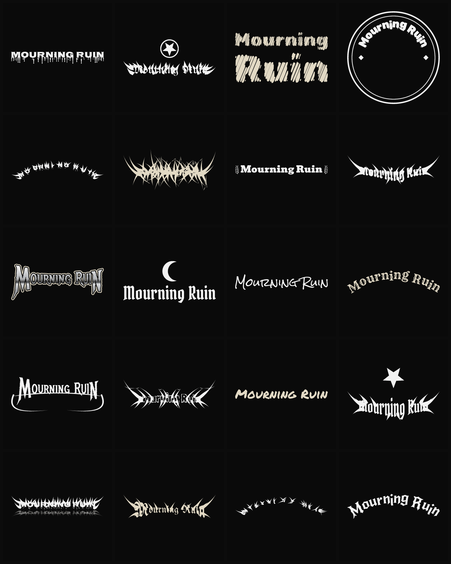 Twenty Mourning Ruin band logo ideas — different faces, treatments and spike settings