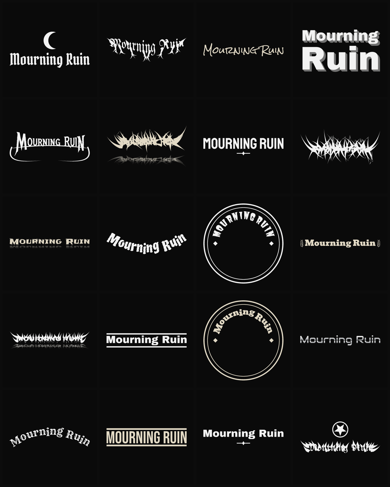 Twenty Mourning Ruin band logo ideas — different faces, treatments and spike settings
