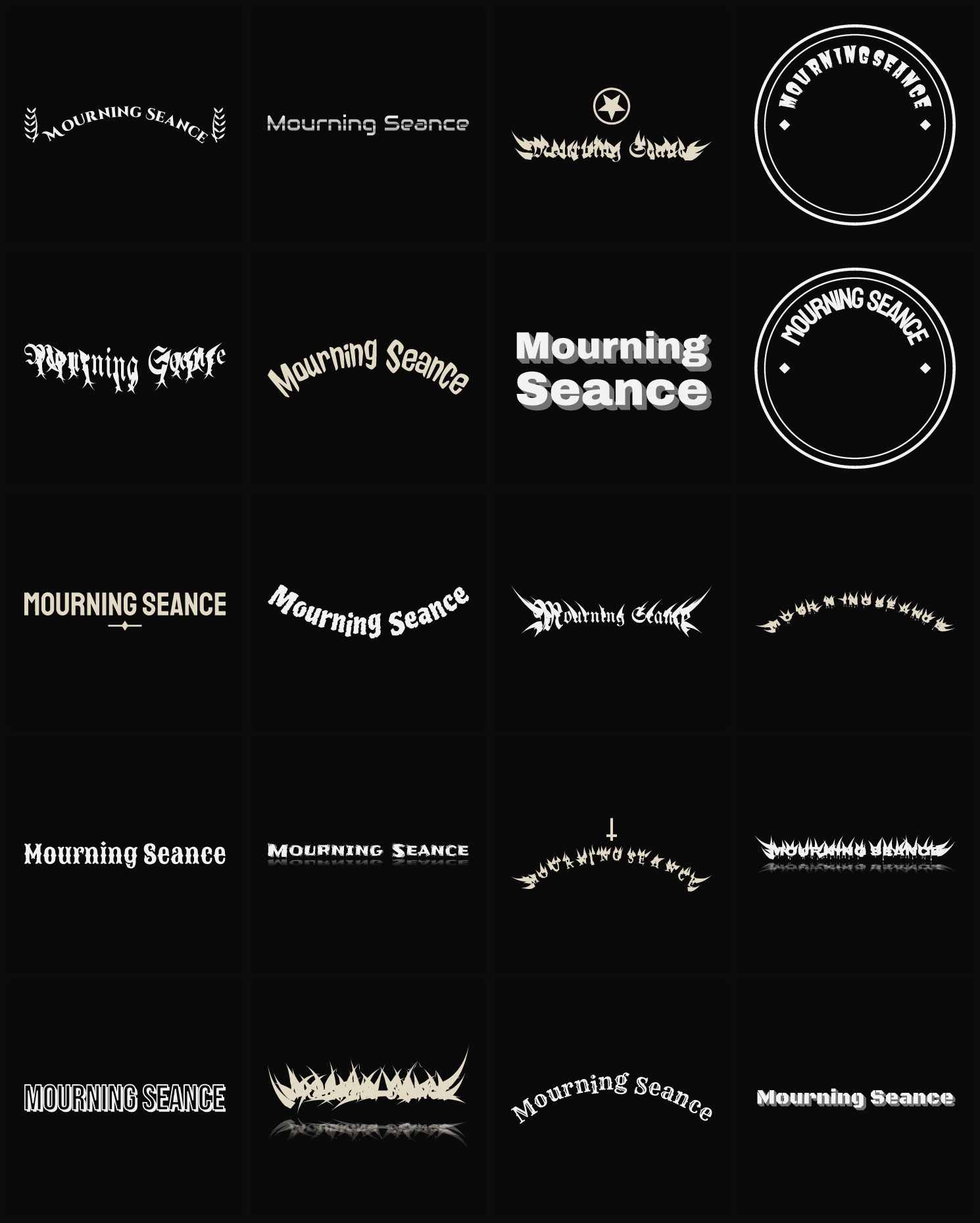 Twenty Mourning Seance band logo ideas — different faces, treatments and spike settings