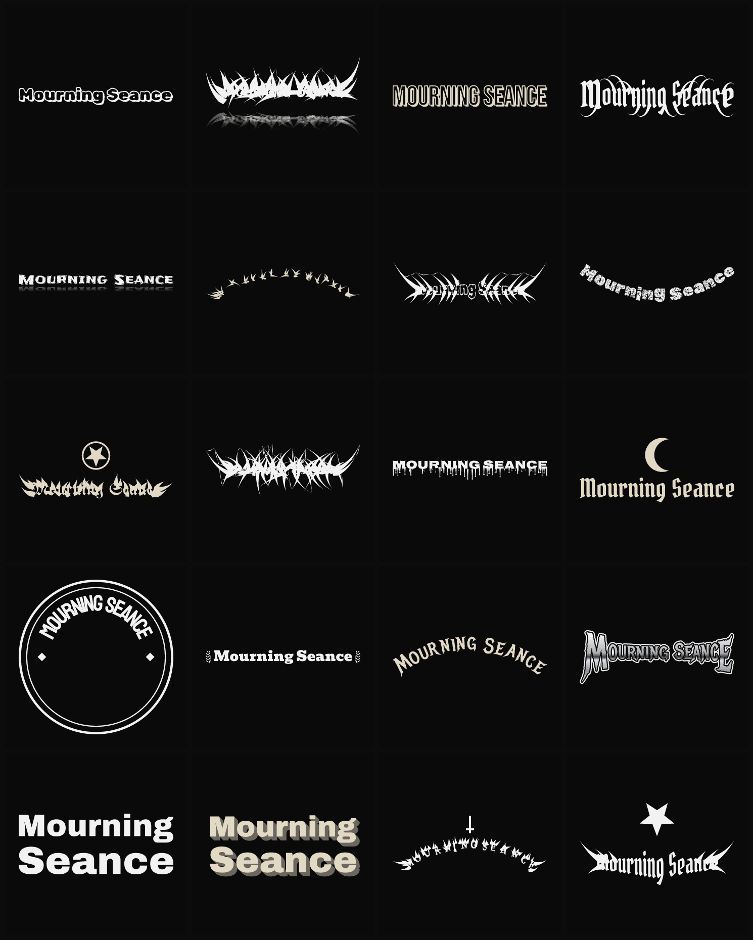 Twenty Mourning Seance band logo ideas — different faces, treatments and spike settings