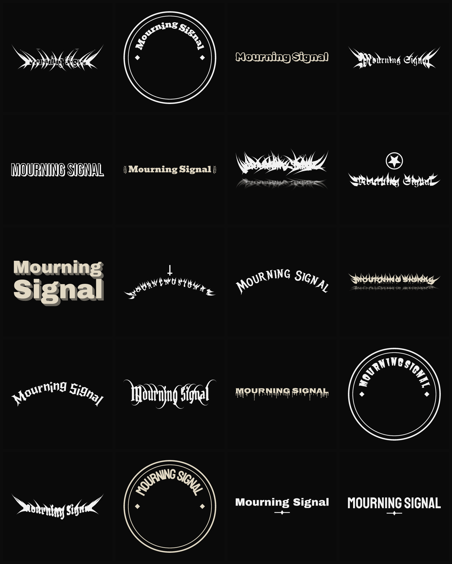 Twenty Mourning Signal band logo ideas — different faces, treatments and spike settings