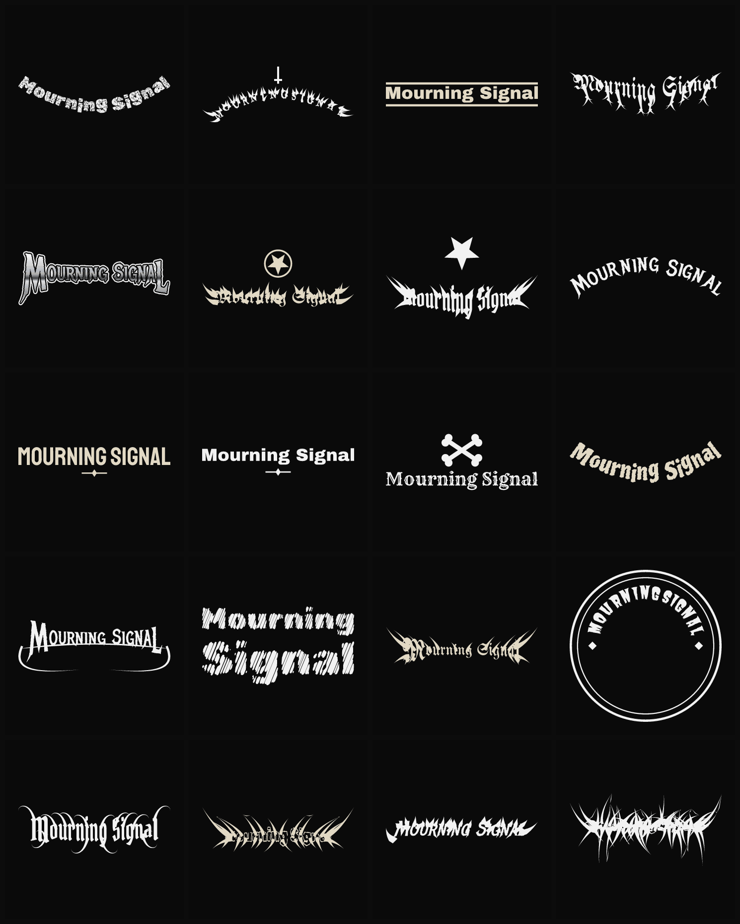 Twenty Mourning Signal band logo ideas — different faces, treatments and spike settings