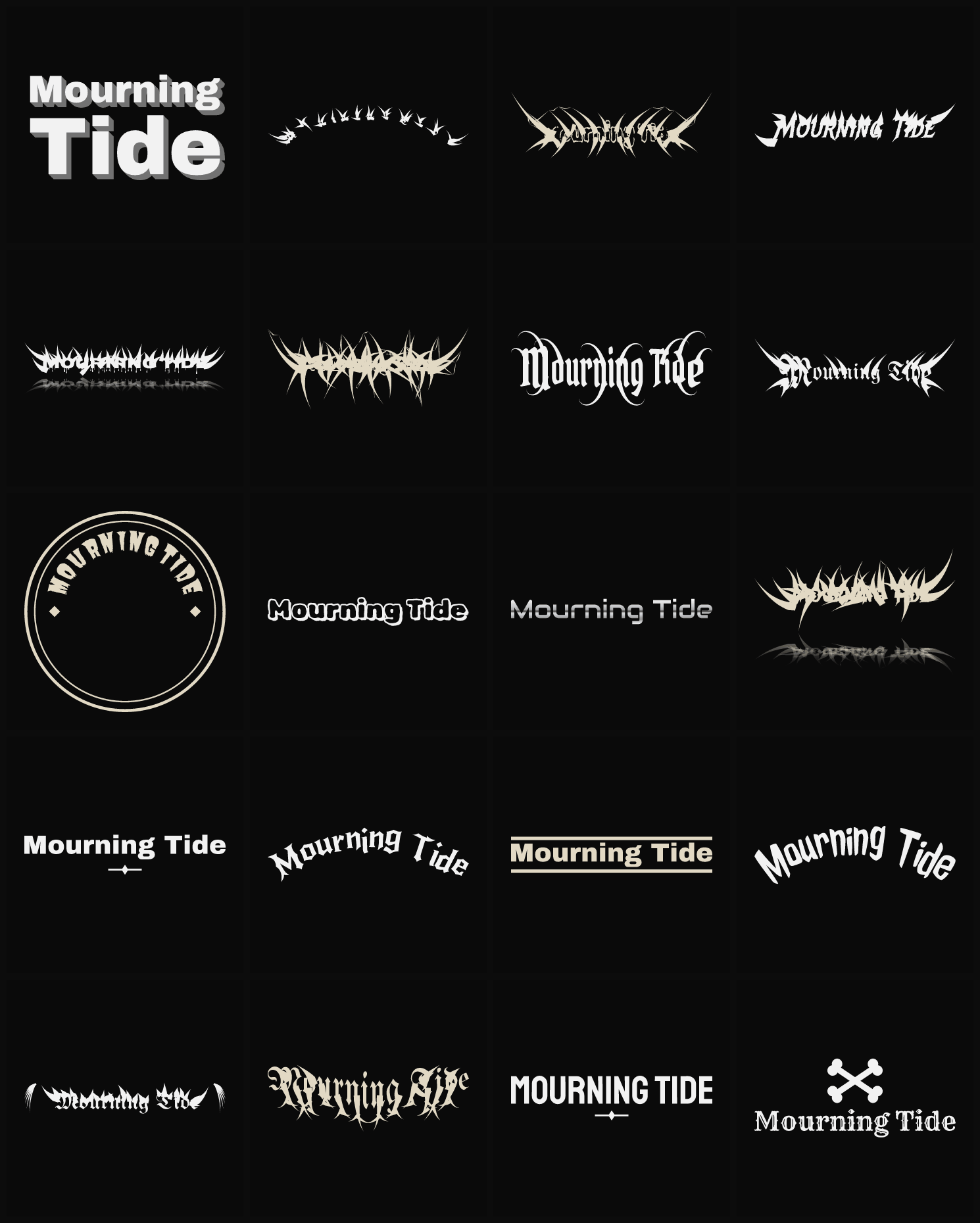 Twenty Mourning Tide band logo ideas — different faces, treatments and spike settings