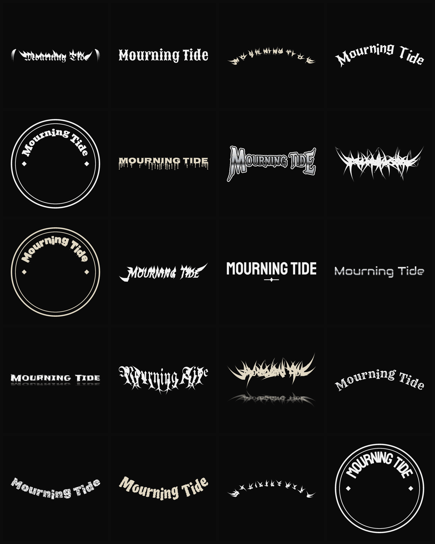 Twenty Mourning Tide band logo ideas — different faces, treatments and spike settings