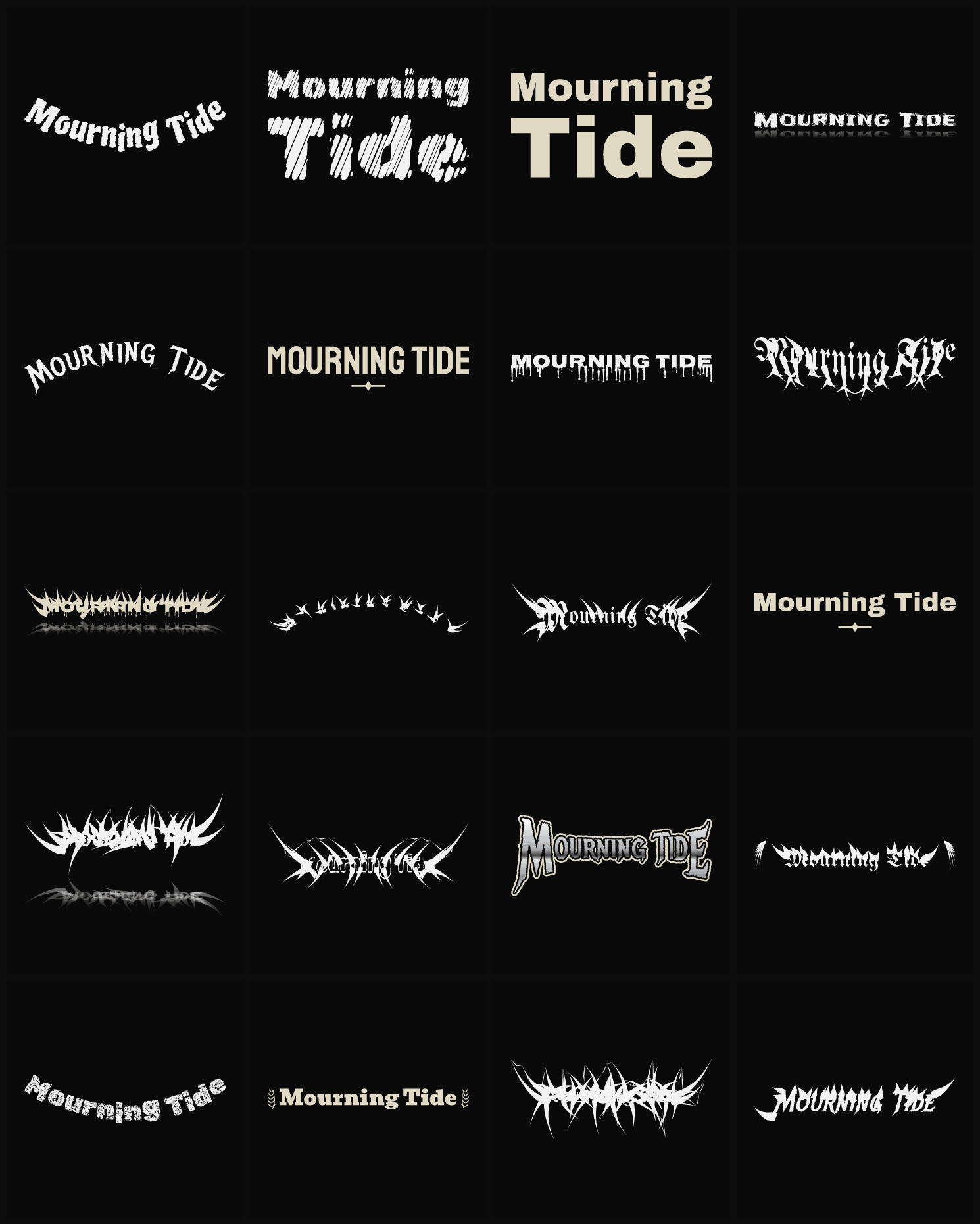 Twenty Mourning Tide band logo ideas — different faces, treatments and spike settings