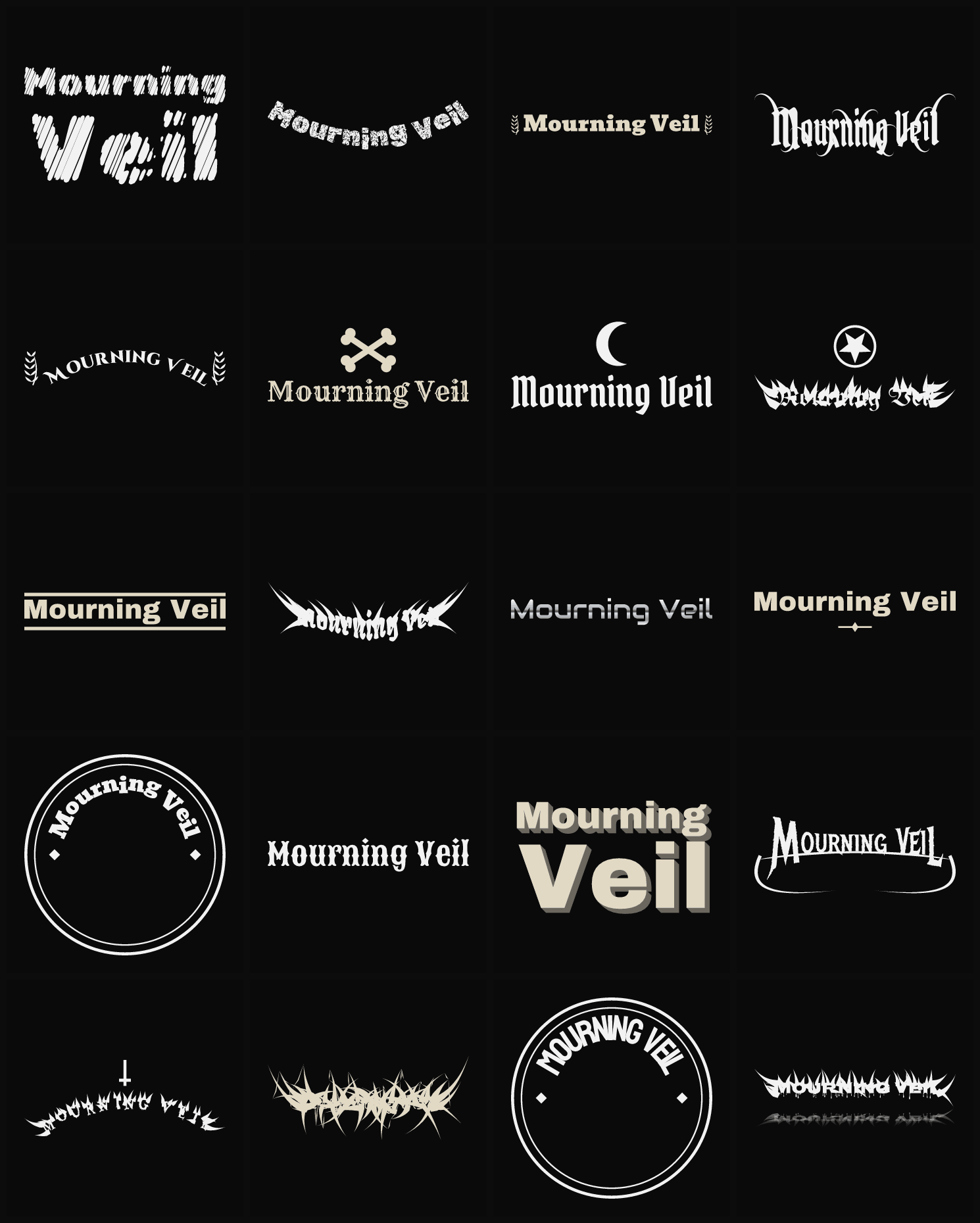 Twenty Mourning Veil band logo ideas — different faces, treatments and spike settings