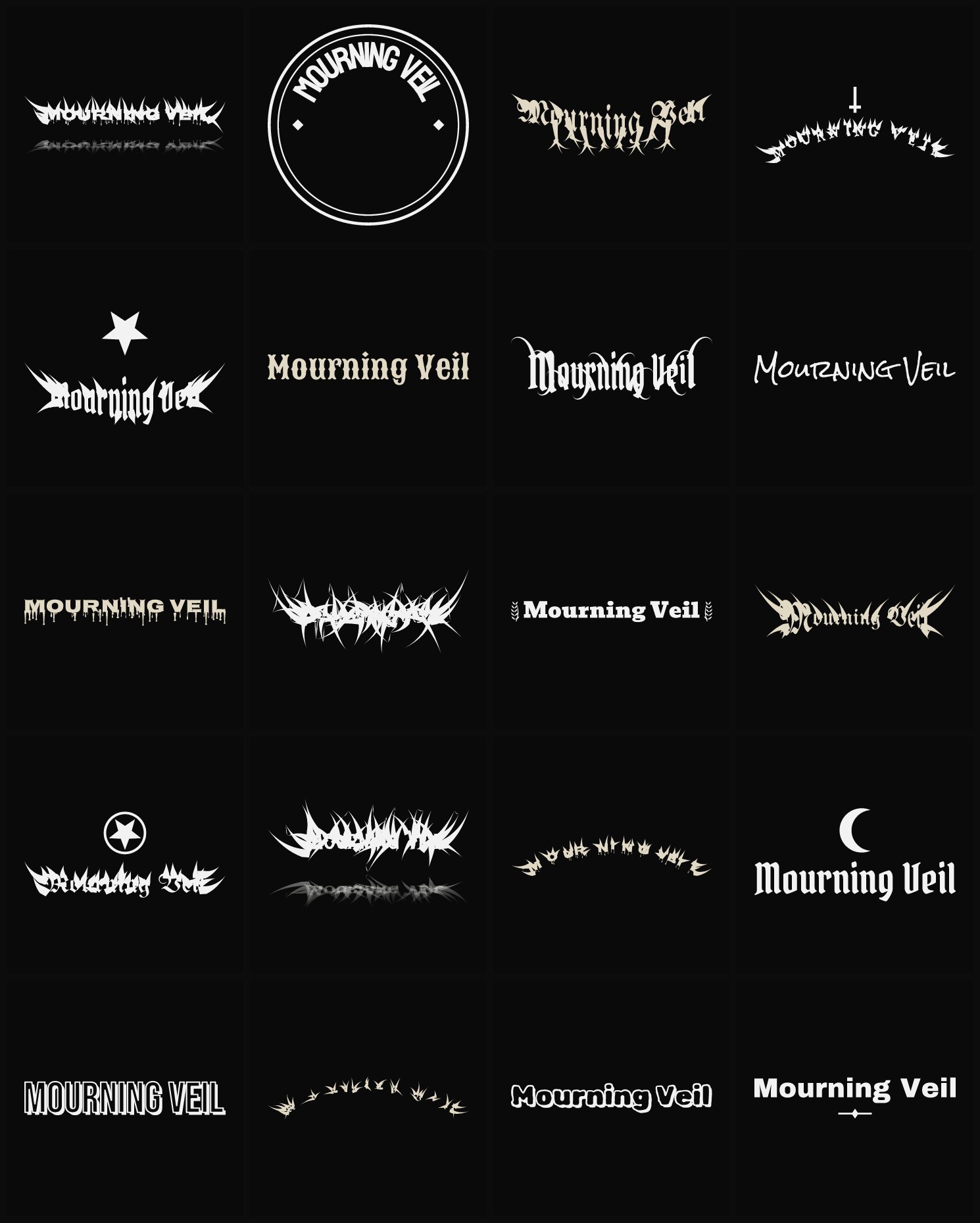 Twenty Mourning Veil band logo ideas — different faces, treatments and spike settings