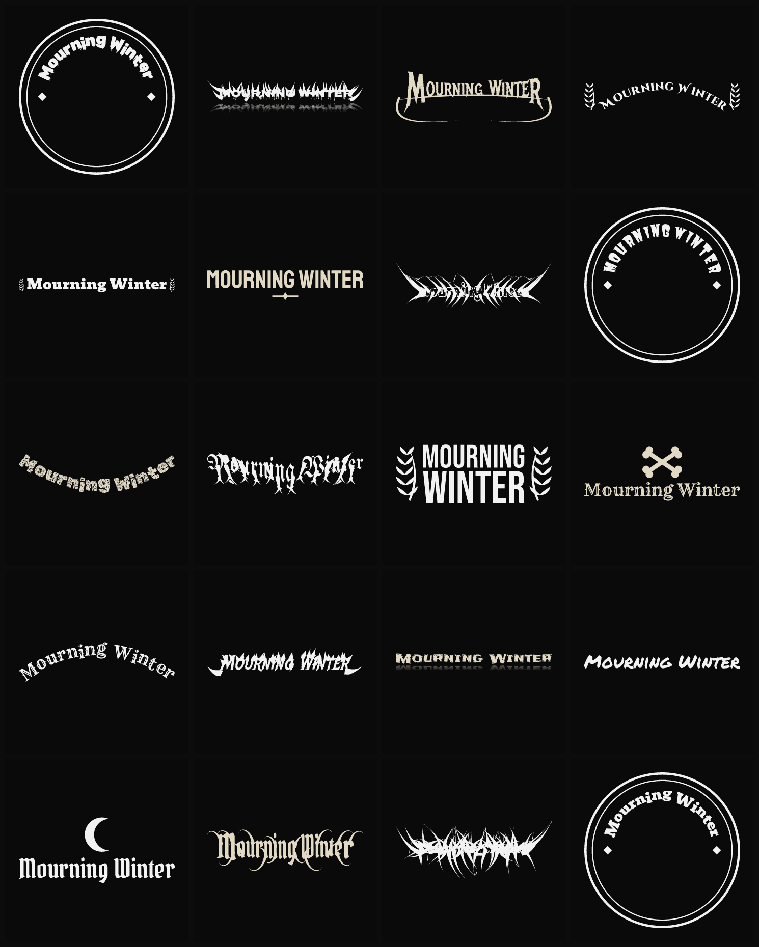 Twenty Mourning Winter band logo ideas — different faces, treatments and spike settings