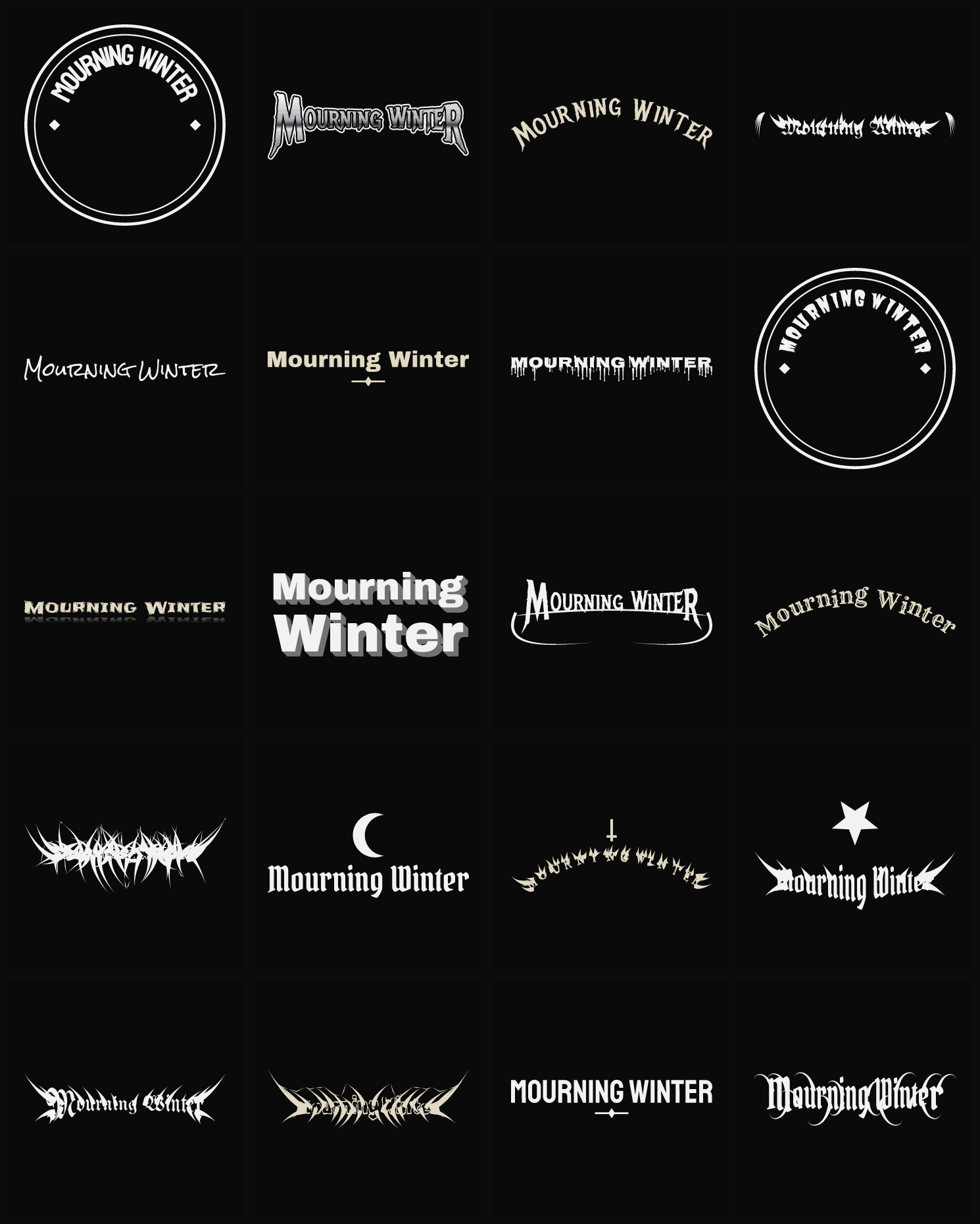 Twenty Mourning Winter band logo ideas — different faces, treatments and spike settings