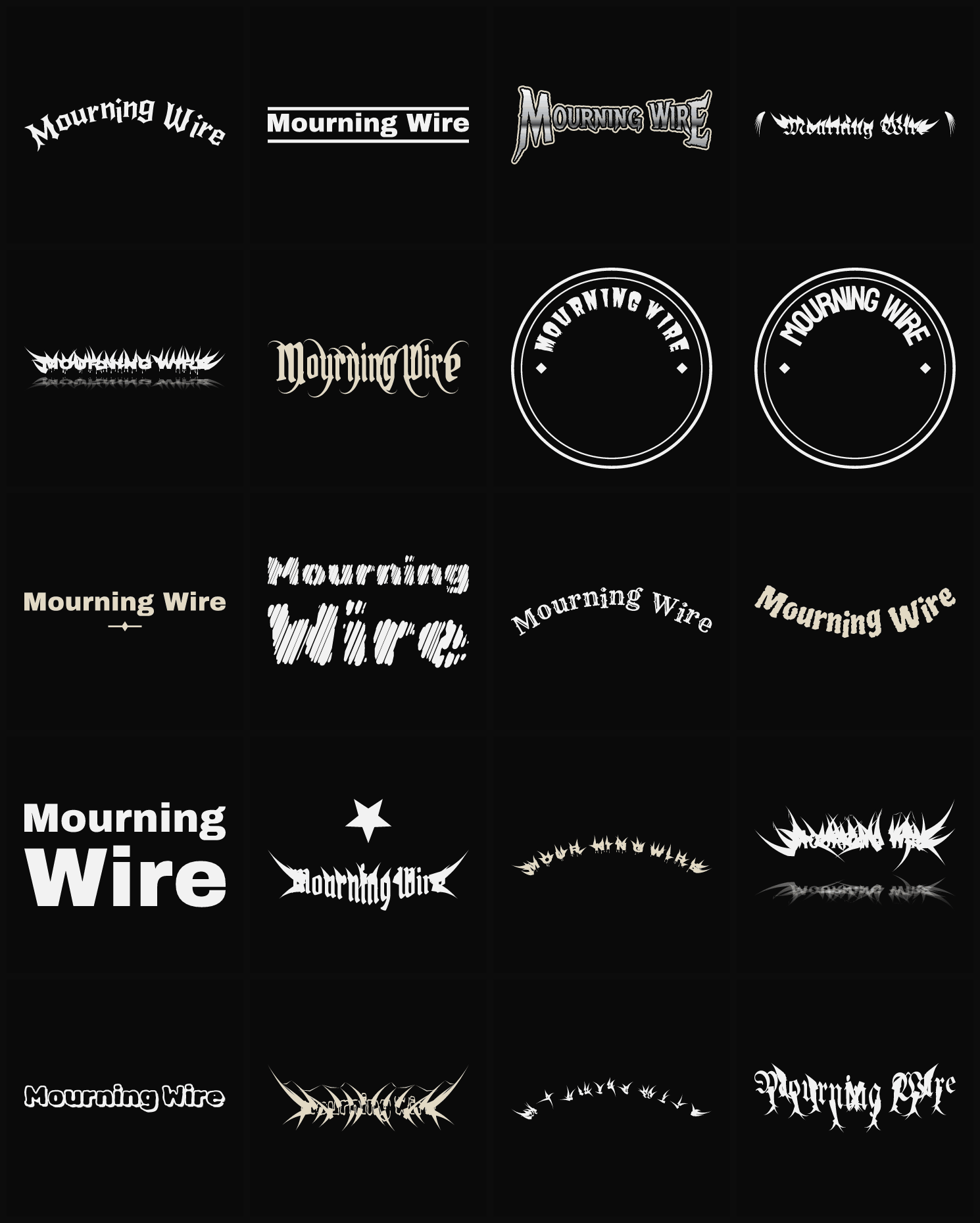 Twenty Mourning Wire band logo ideas — different faces, treatments and spike settings
