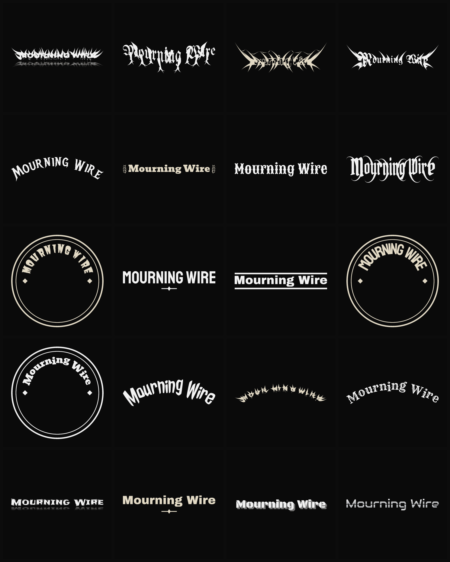 Twenty Mourning Wire band logo ideas — different faces, treatments and spike settings