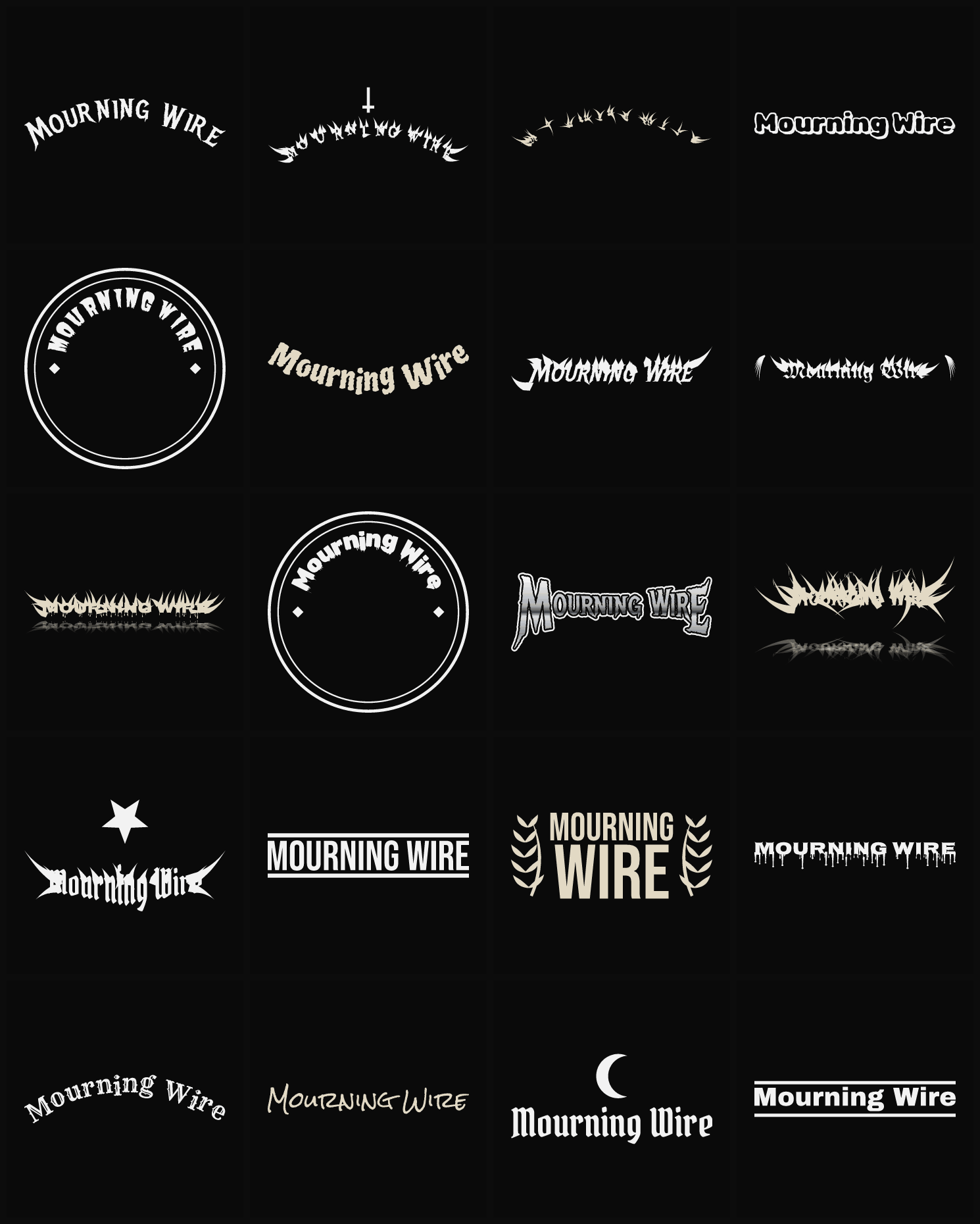 Twenty Mourning Wire band logo ideas — different faces, treatments and spike settings