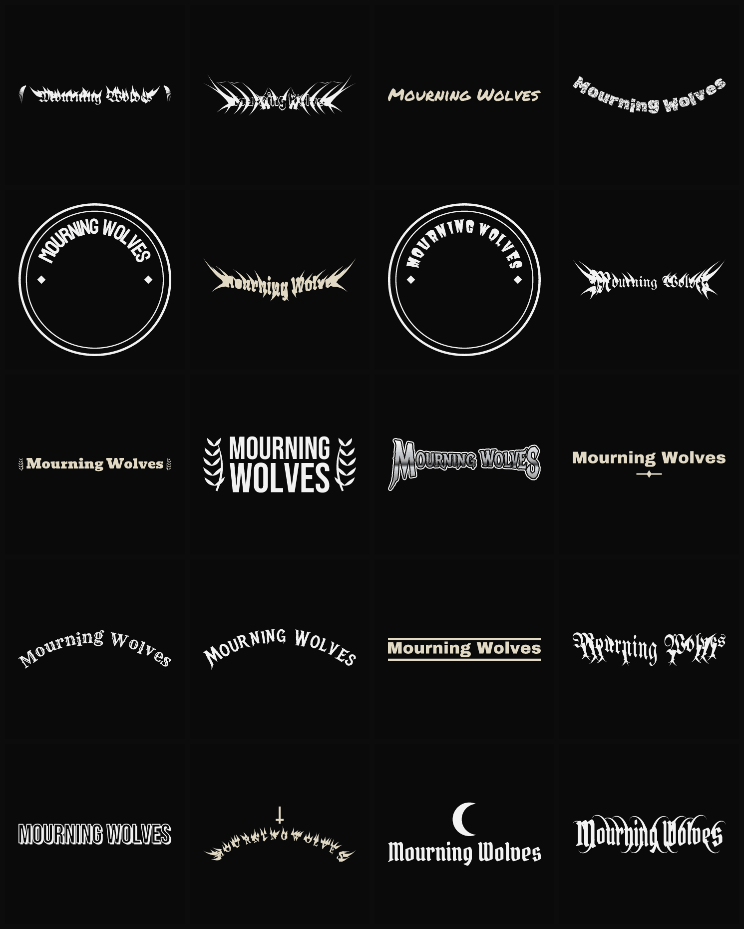 Twenty Mourning Wolves band logo ideas — different faces, treatments and spike settings