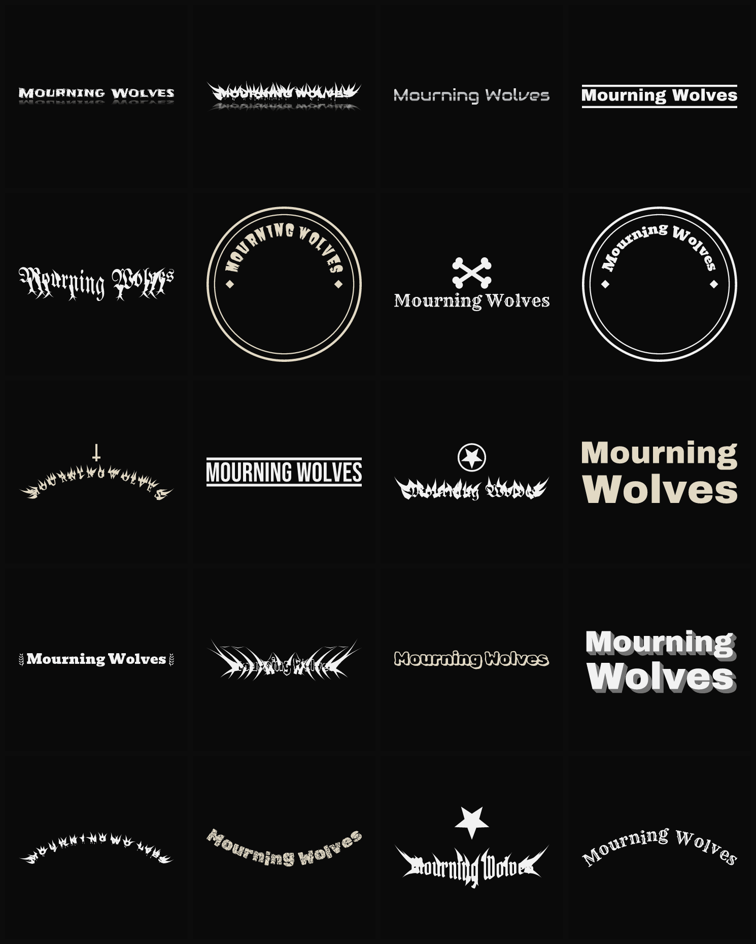 Twenty Mourning Wolves band logo ideas — different faces, treatments and spike settings
