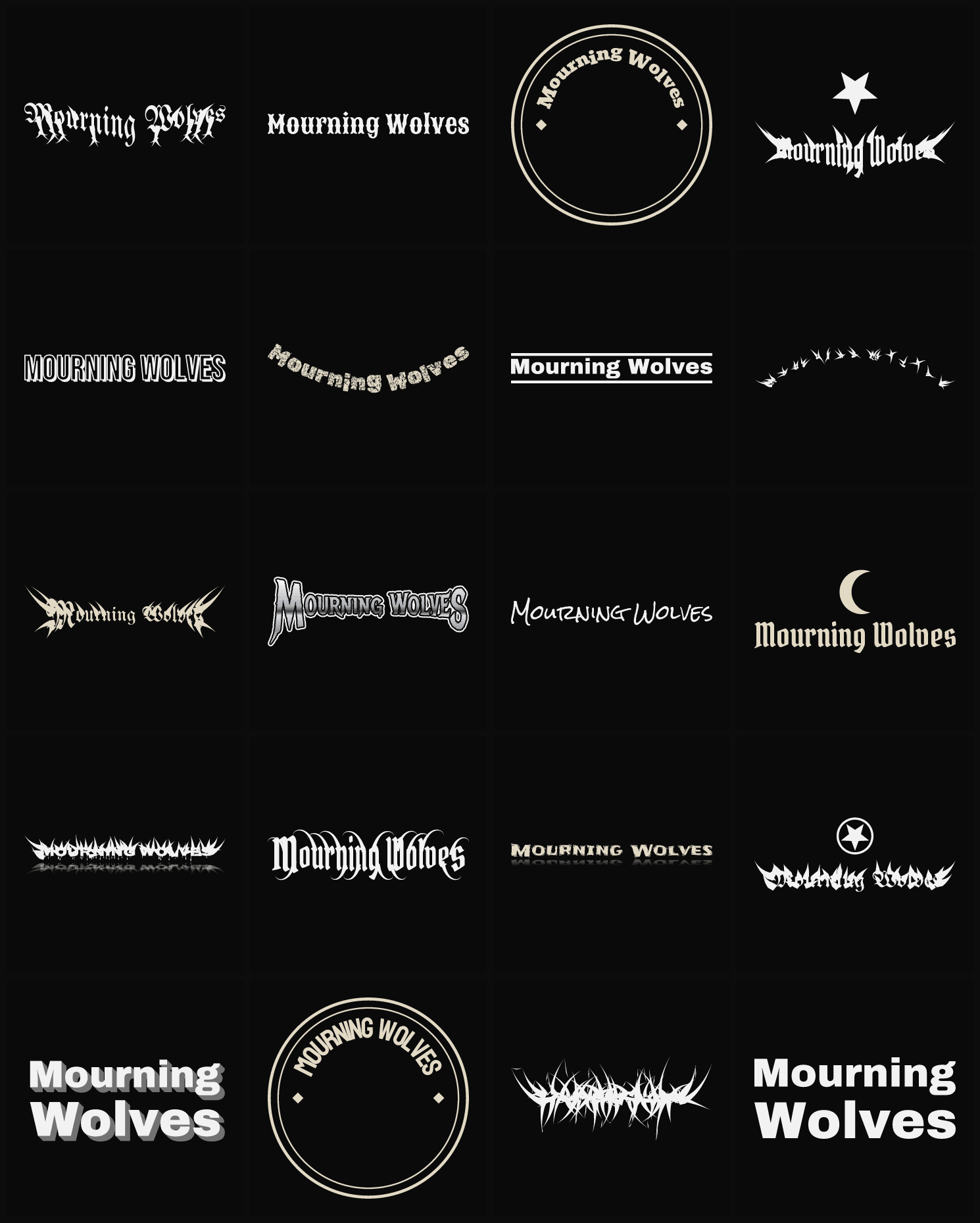 Twenty Mourning Wolves band logo ideas — different faces, treatments and spike settings