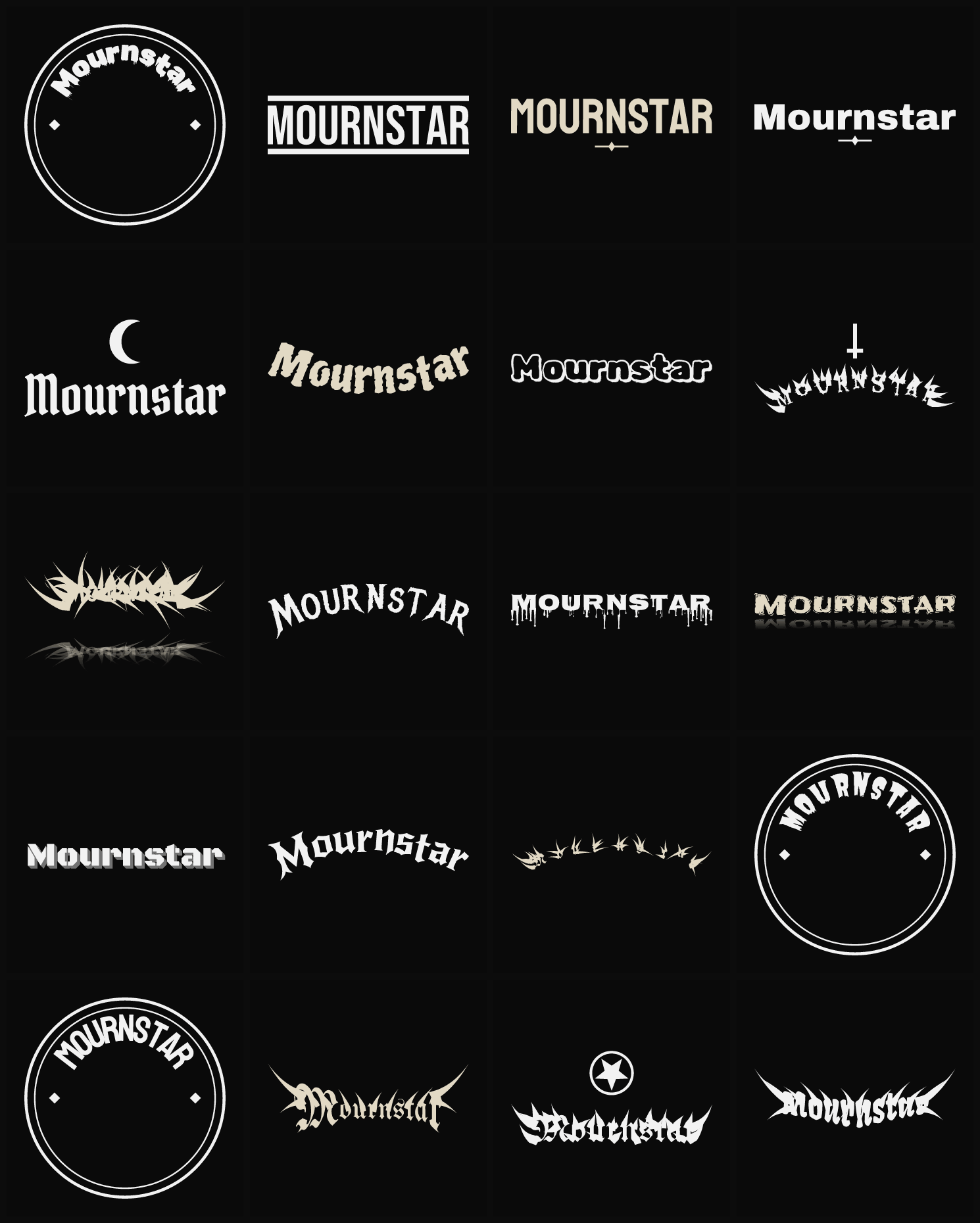 Twenty Mournstar band logo ideas — different faces, treatments and spike settings