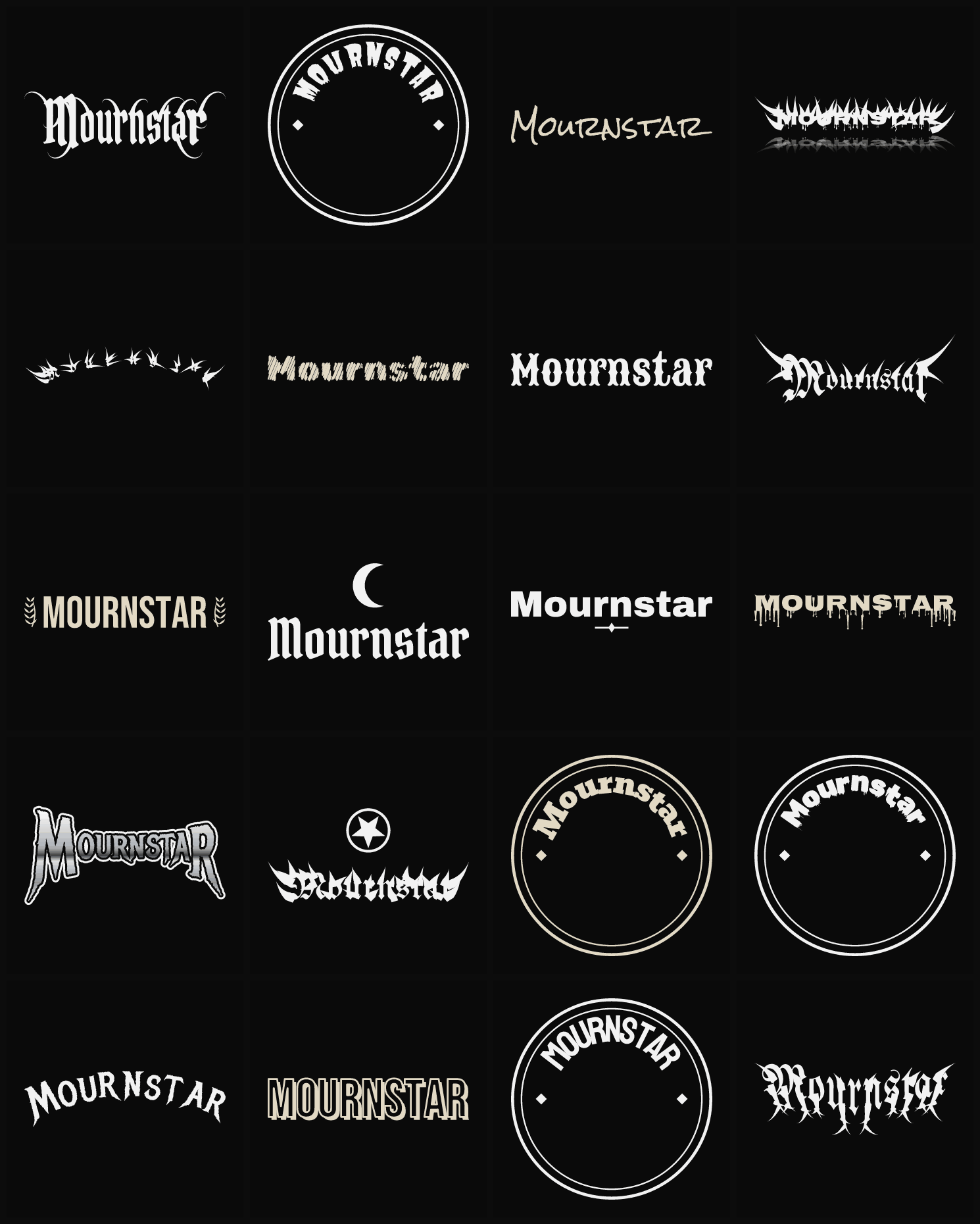 Twenty Mournstar band logo ideas — different faces, treatments and spike settings