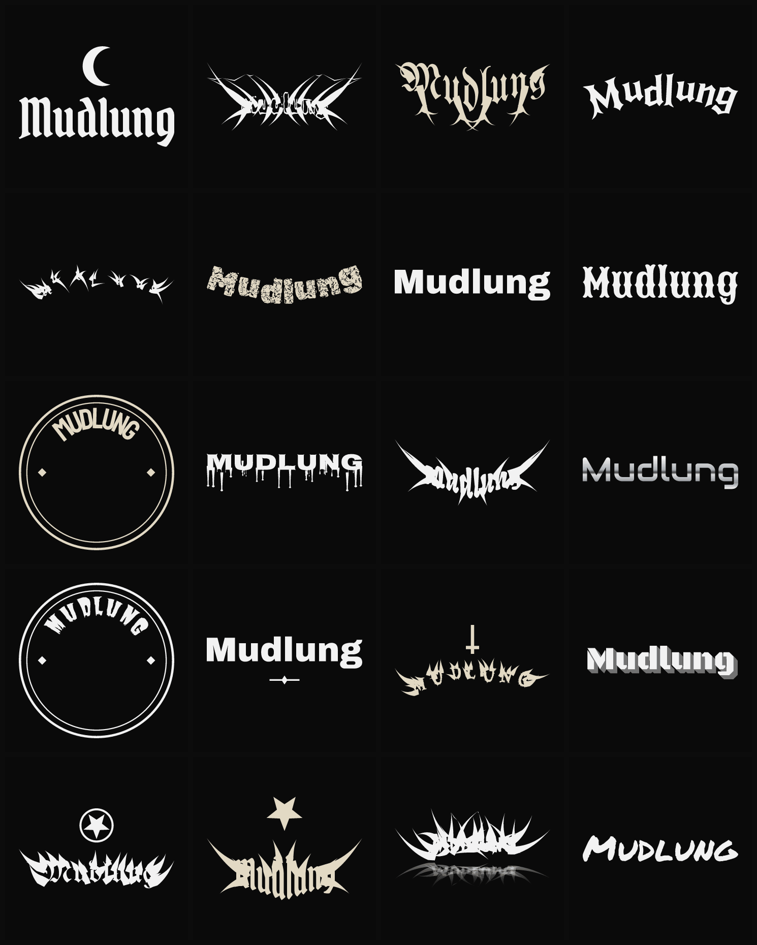 Twenty Mudlung band logo ideas — different faces, treatments and spike settings