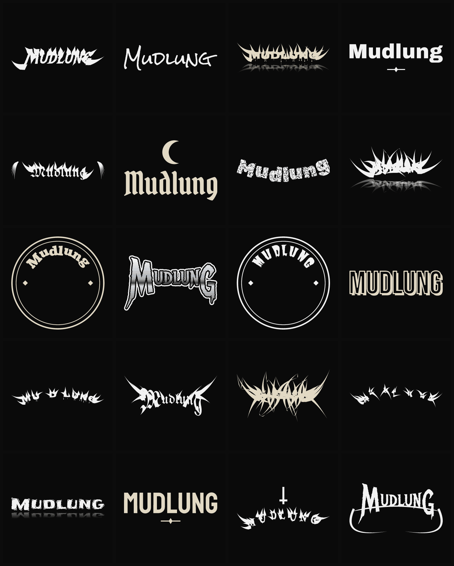 Twenty Mudlung band logo ideas — different faces, treatments and spike settings