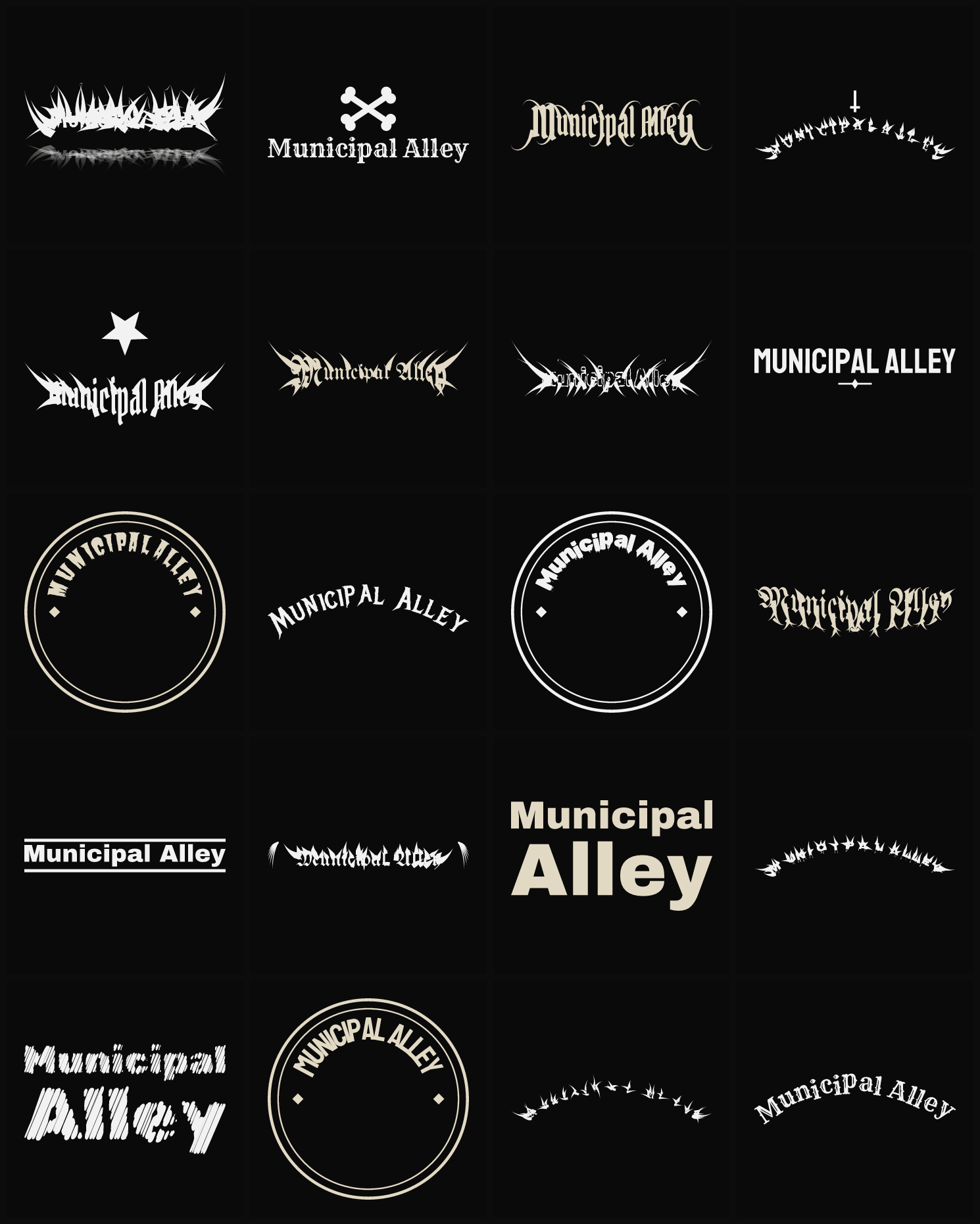 Twenty Municipal Alley band logo ideas — different faces, treatments and spike settings