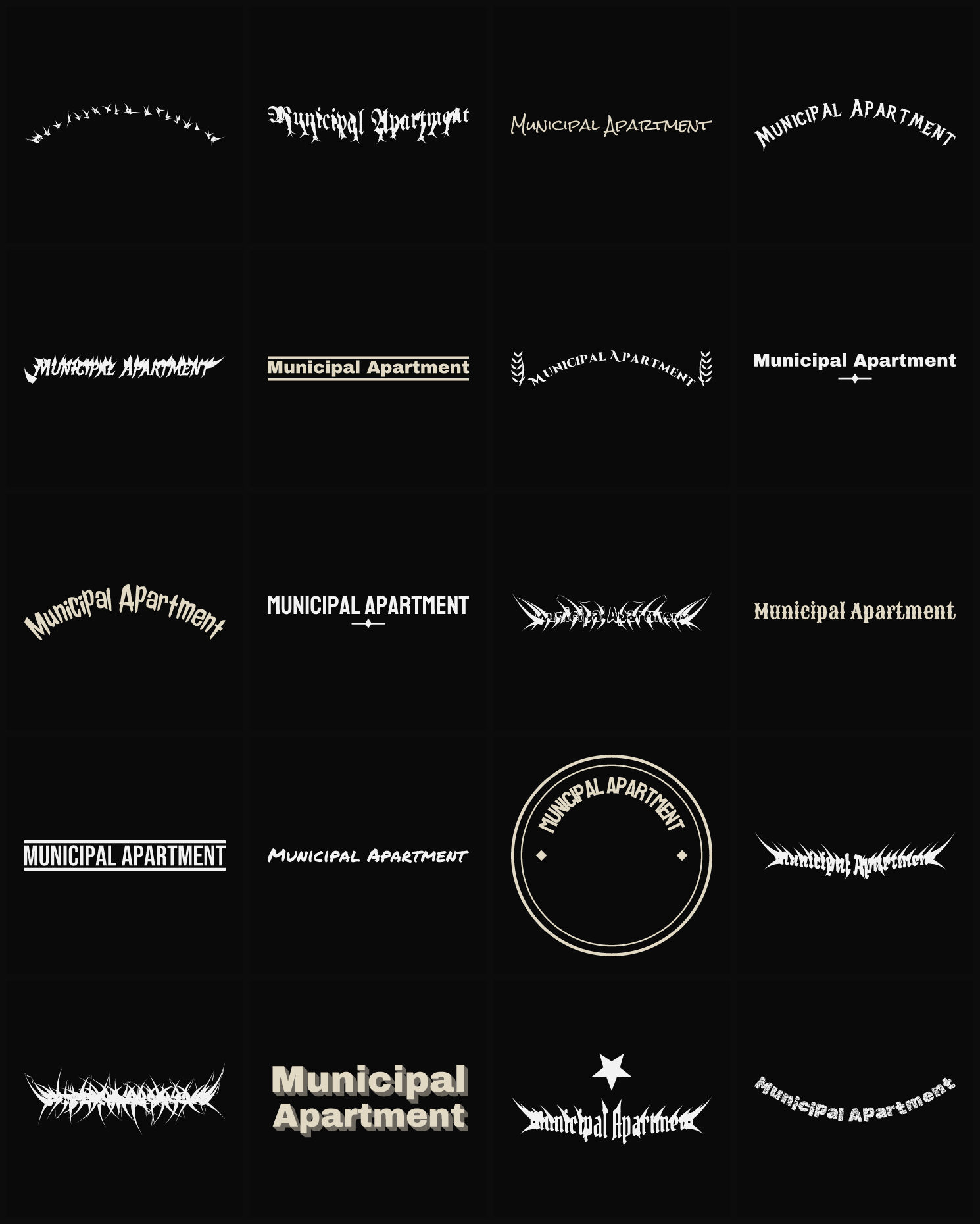 Twenty Municipal Apartment band logo ideas — different faces, treatments and spike settings