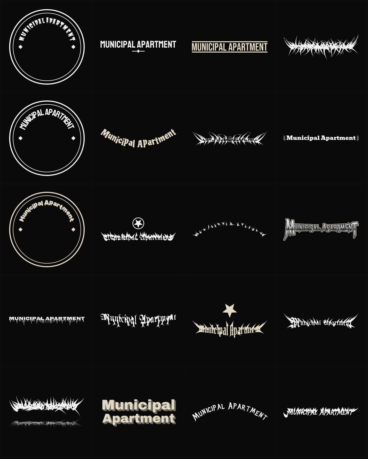 Twenty Municipal Apartment band logo ideas — different faces, treatments and spike settings