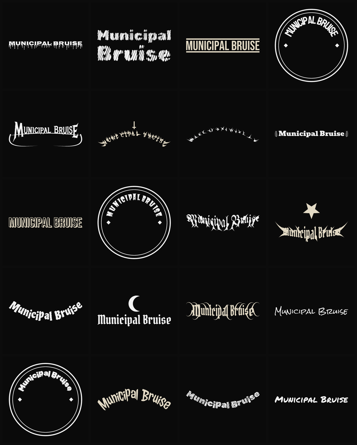 Twenty Municipal Bruise band logo ideas — different faces, treatments and spike settings