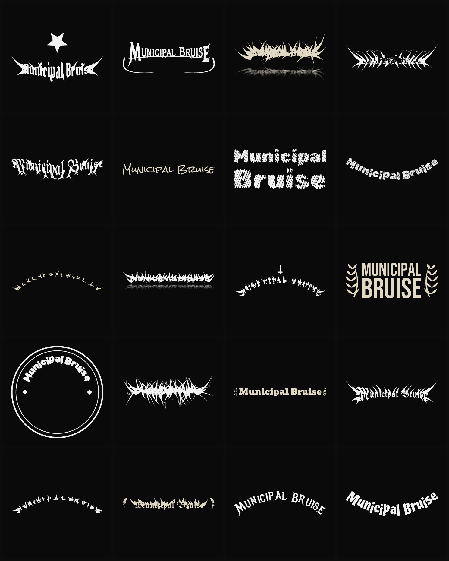 Twenty Municipal Bruise band logo ideas — different faces, treatments and spike settings