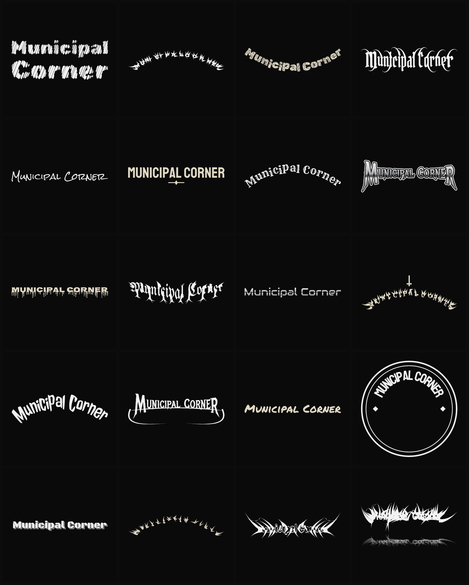 Twenty Municipal Corner band logo ideas — different faces, treatments and spike settings
