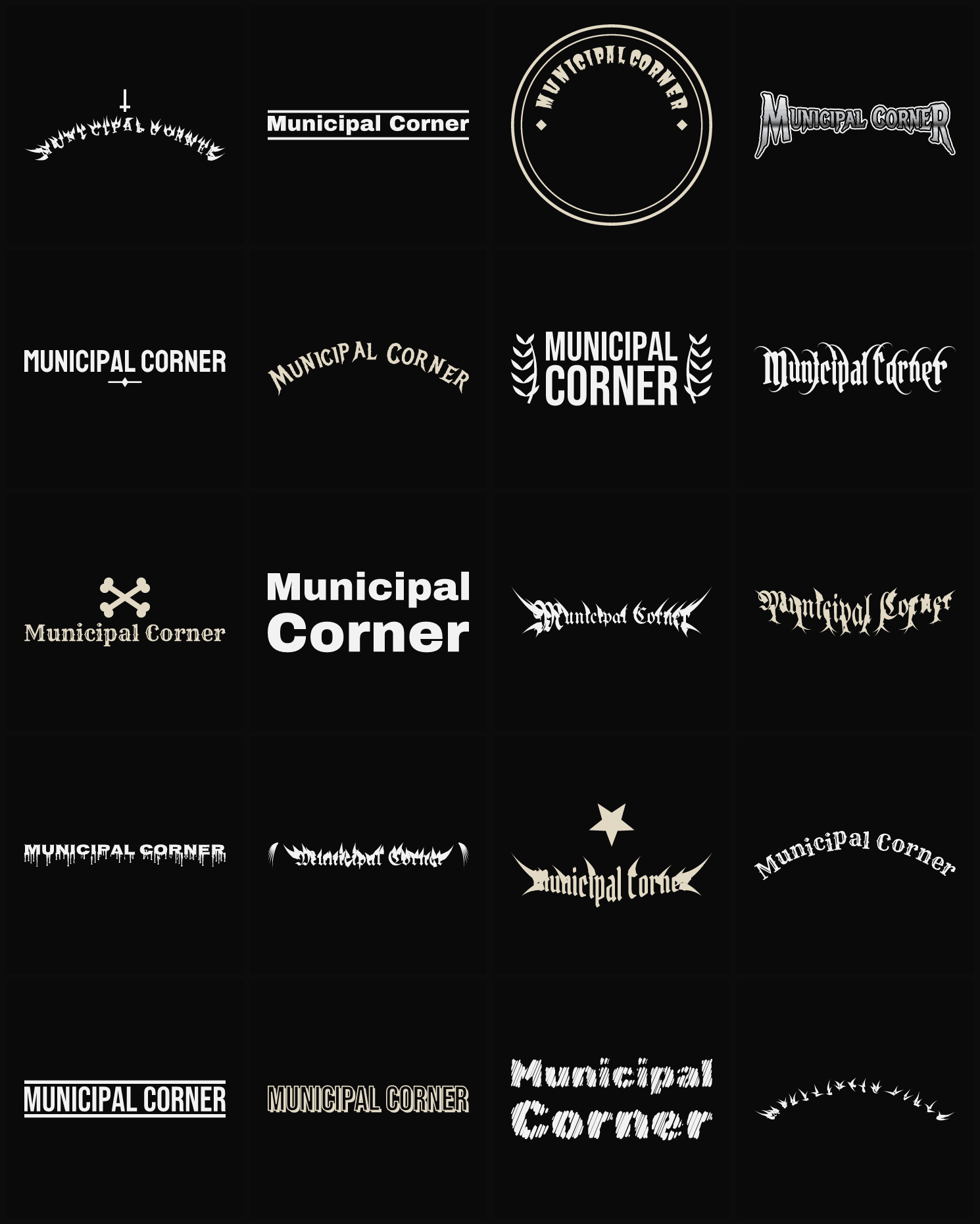 Twenty Municipal Corner band logo ideas — different faces, treatments and spike settings