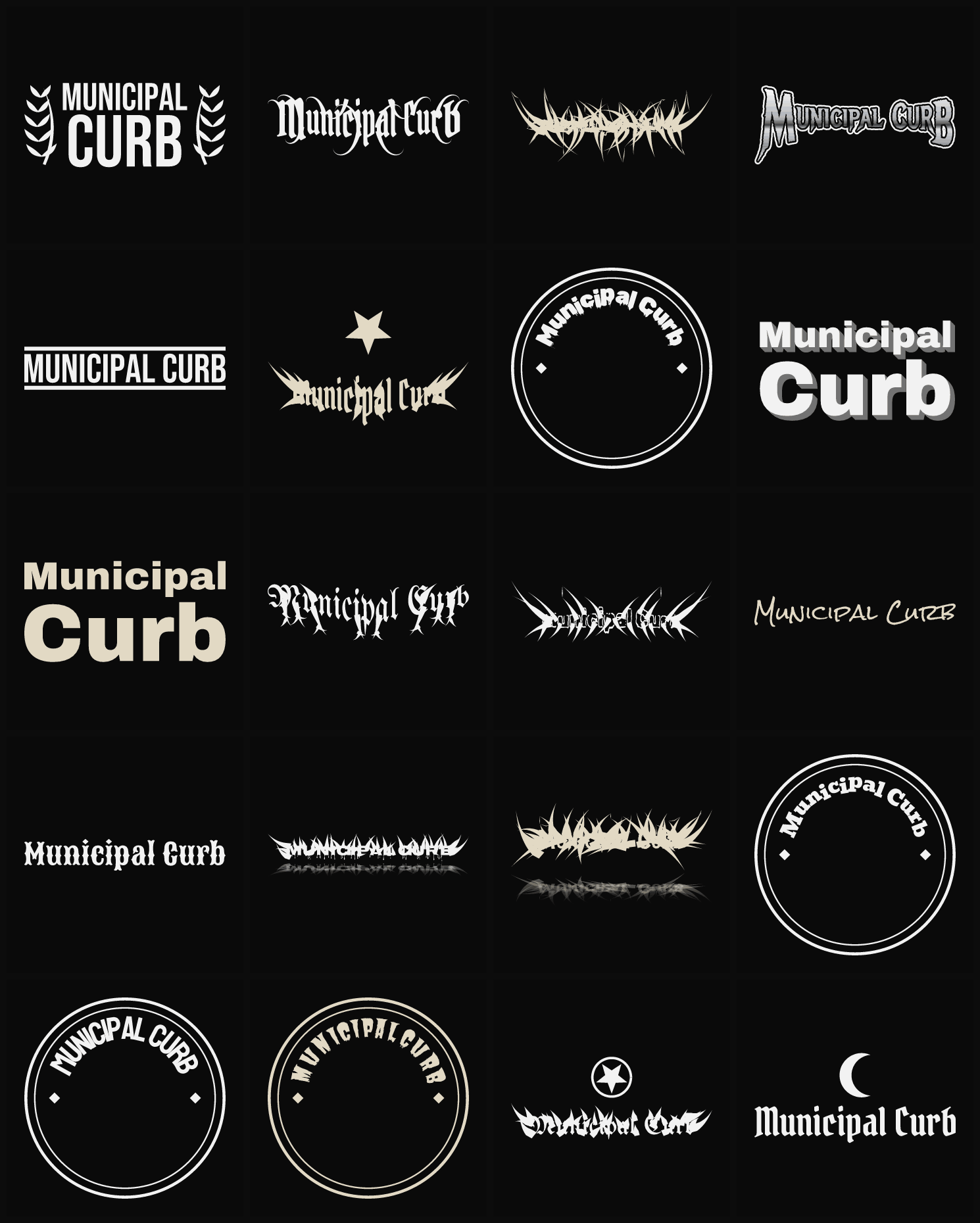 Twenty Municipal Curb band logo ideas — different faces, treatments and spike settings