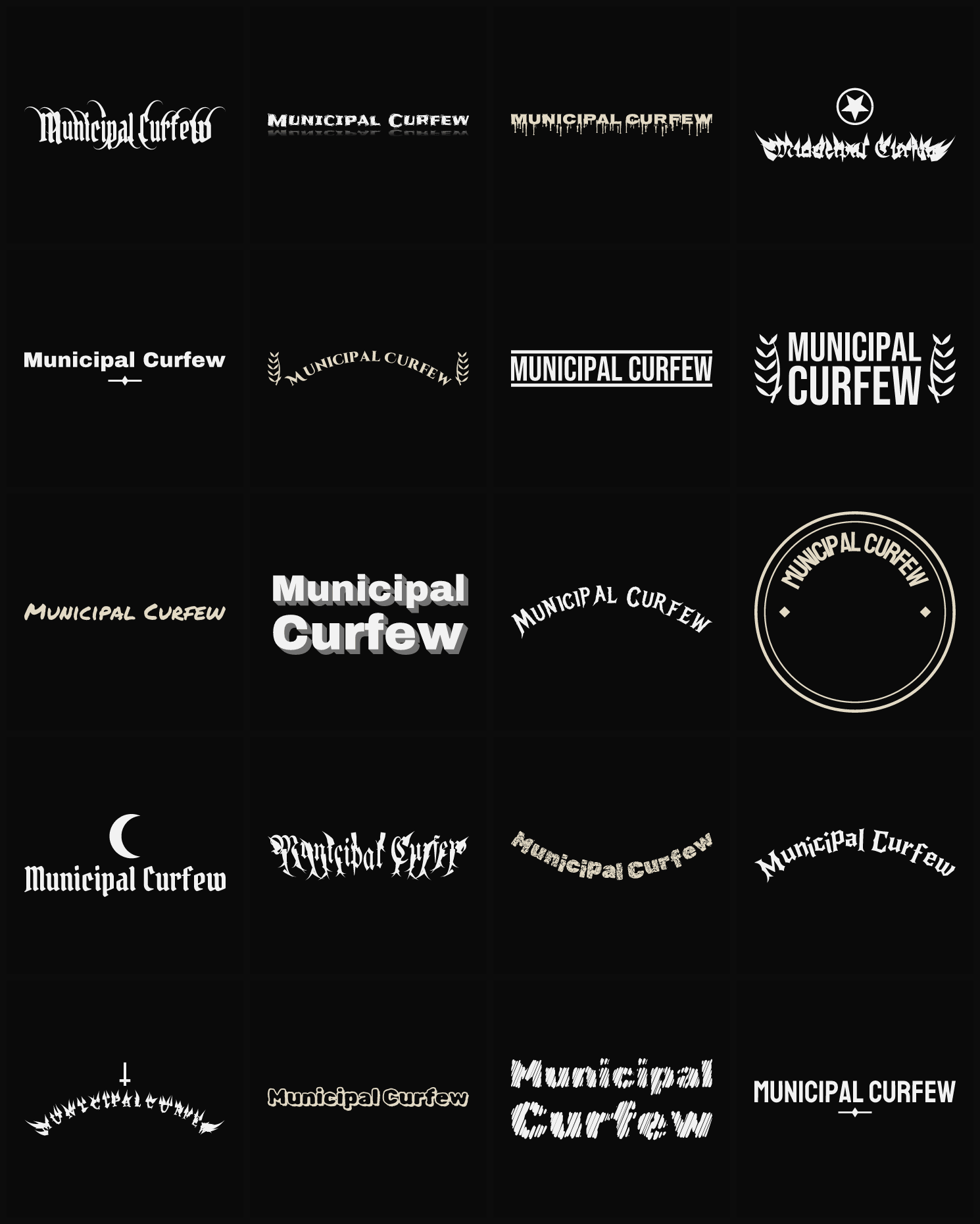 Twenty Municipal Curfew band logo ideas — different faces, treatments and spike settings