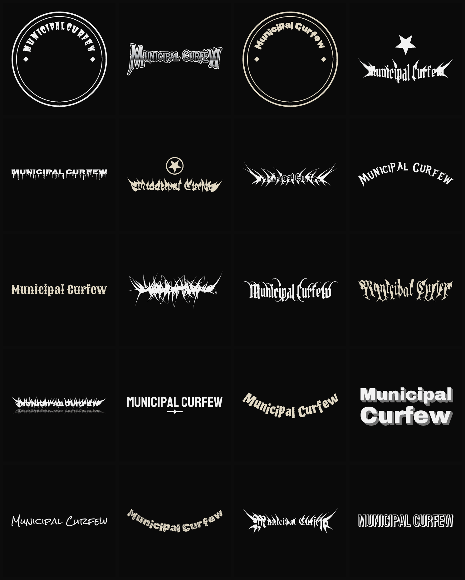 Twenty Municipal Curfew band logo ideas — different faces, treatments and spike settings