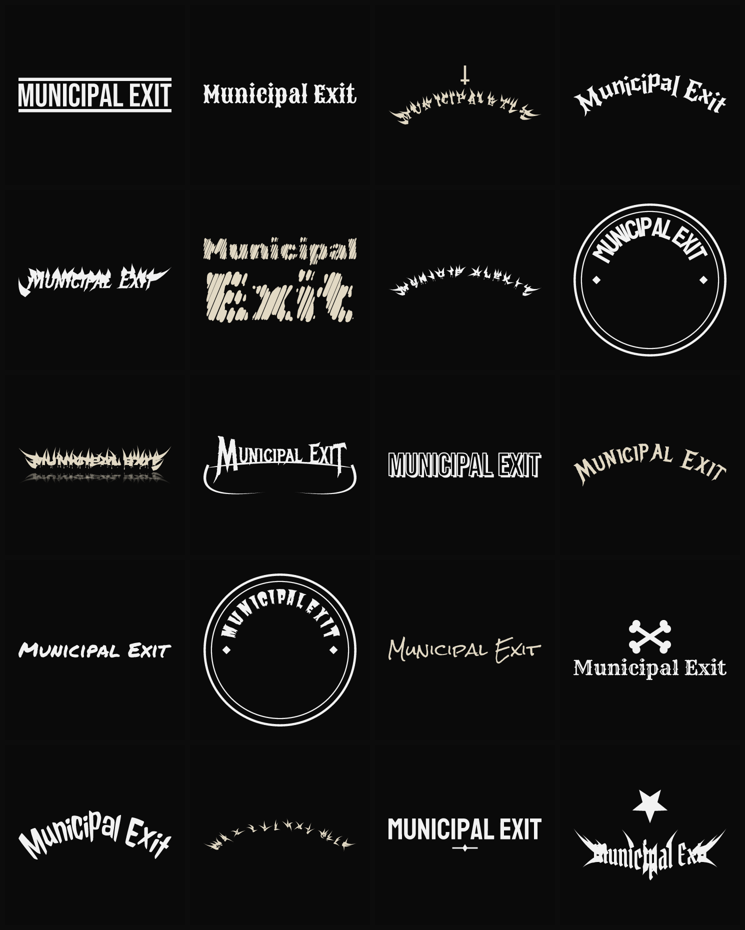 Twenty Municipal Exit band logo ideas — different faces, treatments and spike settings