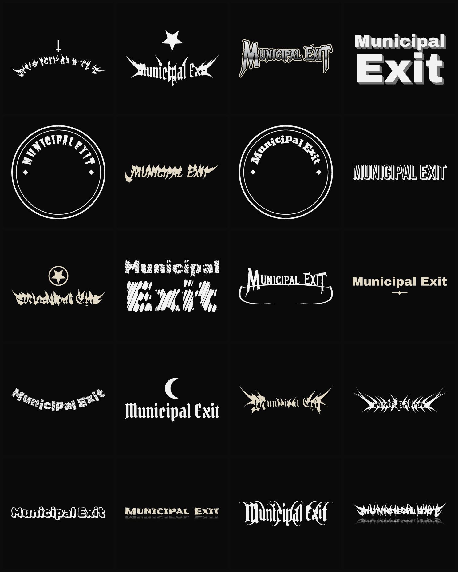 Twenty Municipal Exit band logo ideas — different faces, treatments and spike settings