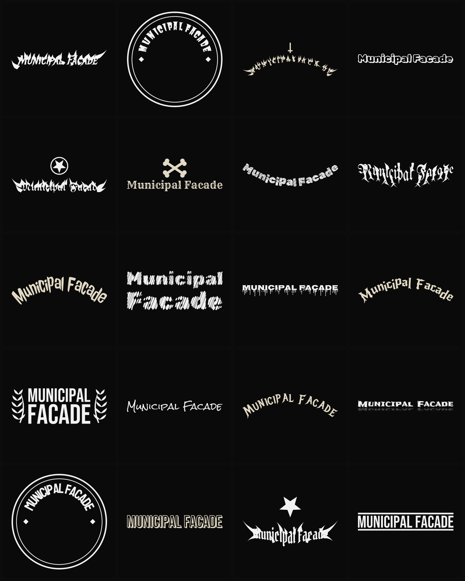 Twenty Municipal Facade band logo ideas — different faces, treatments and spike settings
