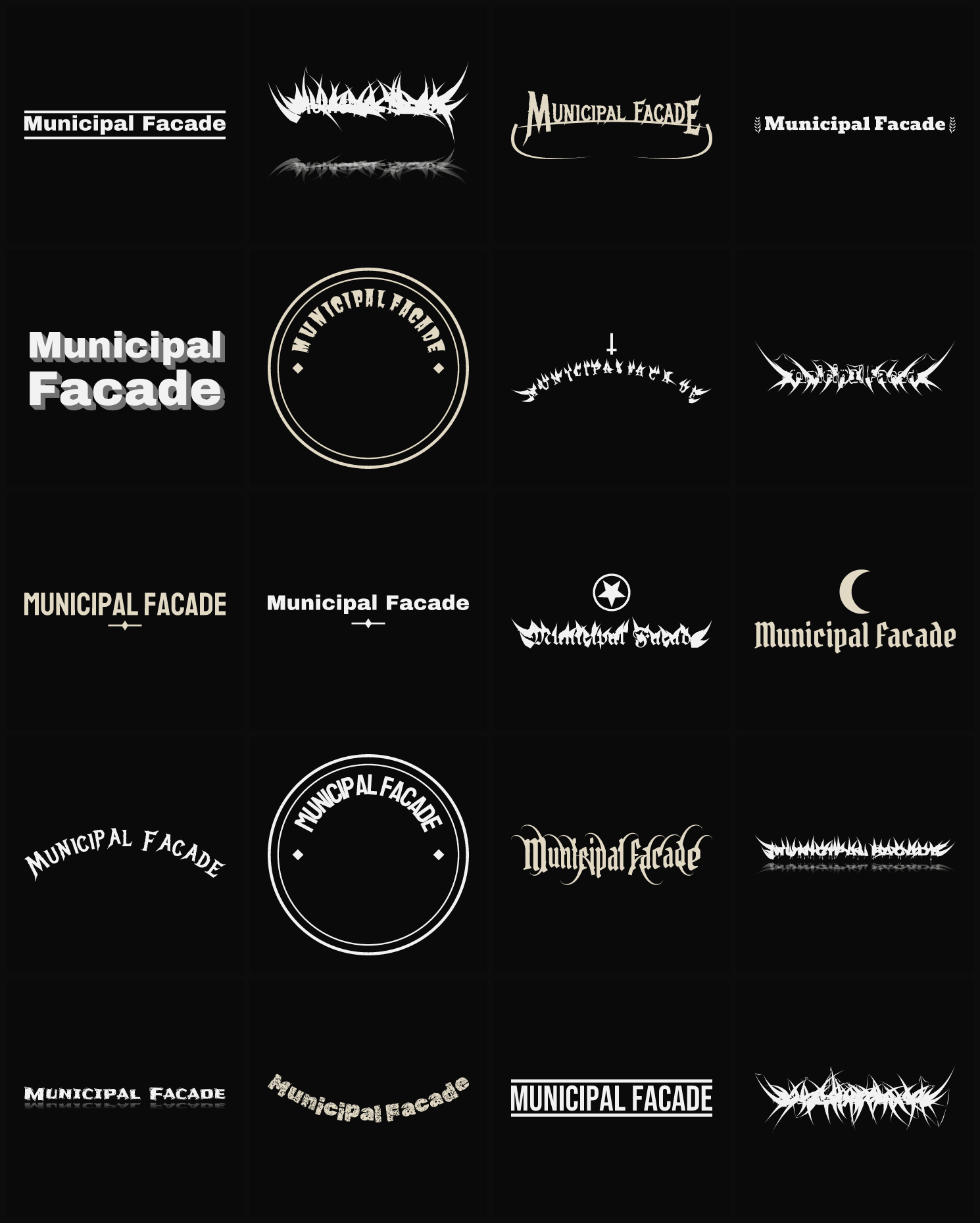 Twenty Municipal Facade band logo ideas — different faces, treatments and spike settings