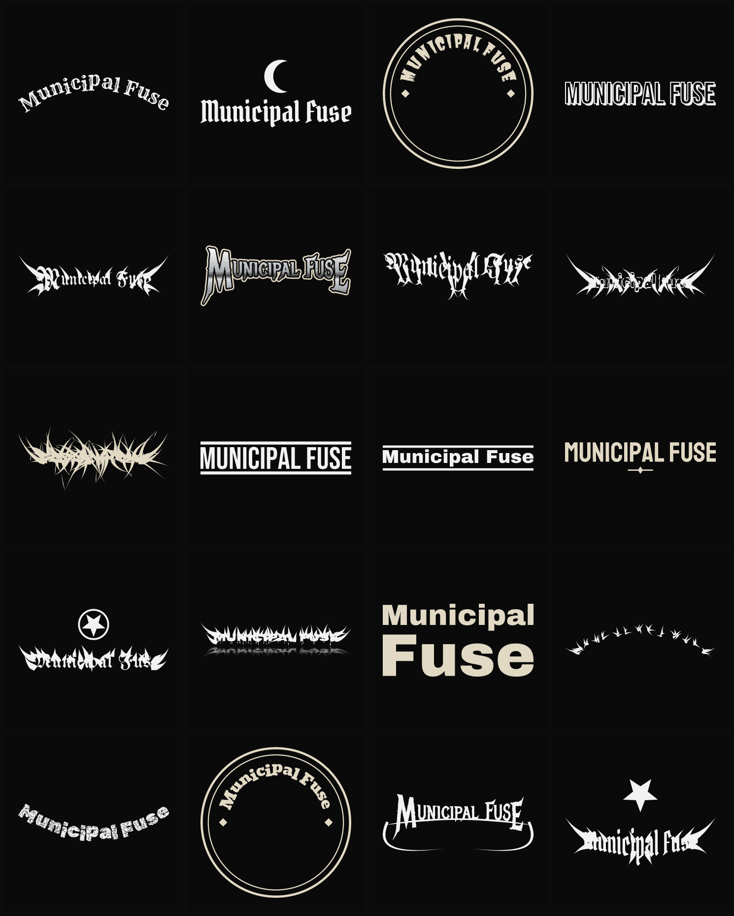 Twenty Municipal Fuse band logo ideas — different faces, treatments and spike settings
