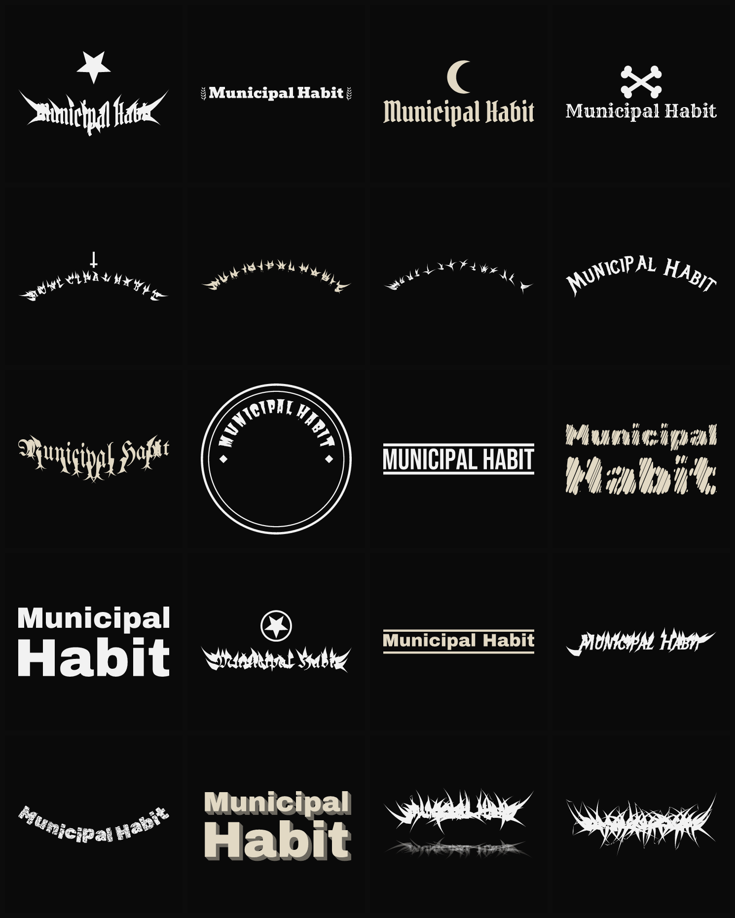 Twenty Municipal Habit band logo ideas — different faces, treatments and spike settings