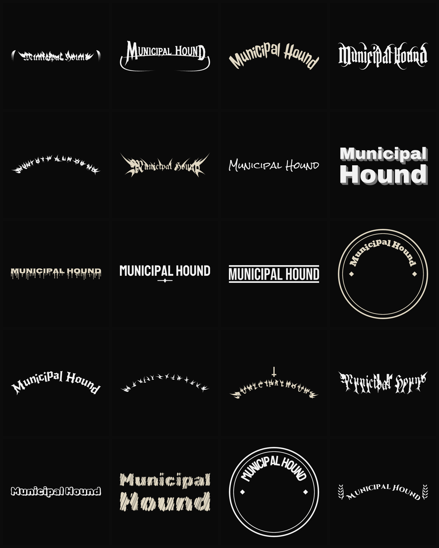 Twenty Municipal Hound band logo ideas — different faces, treatments and spike settings