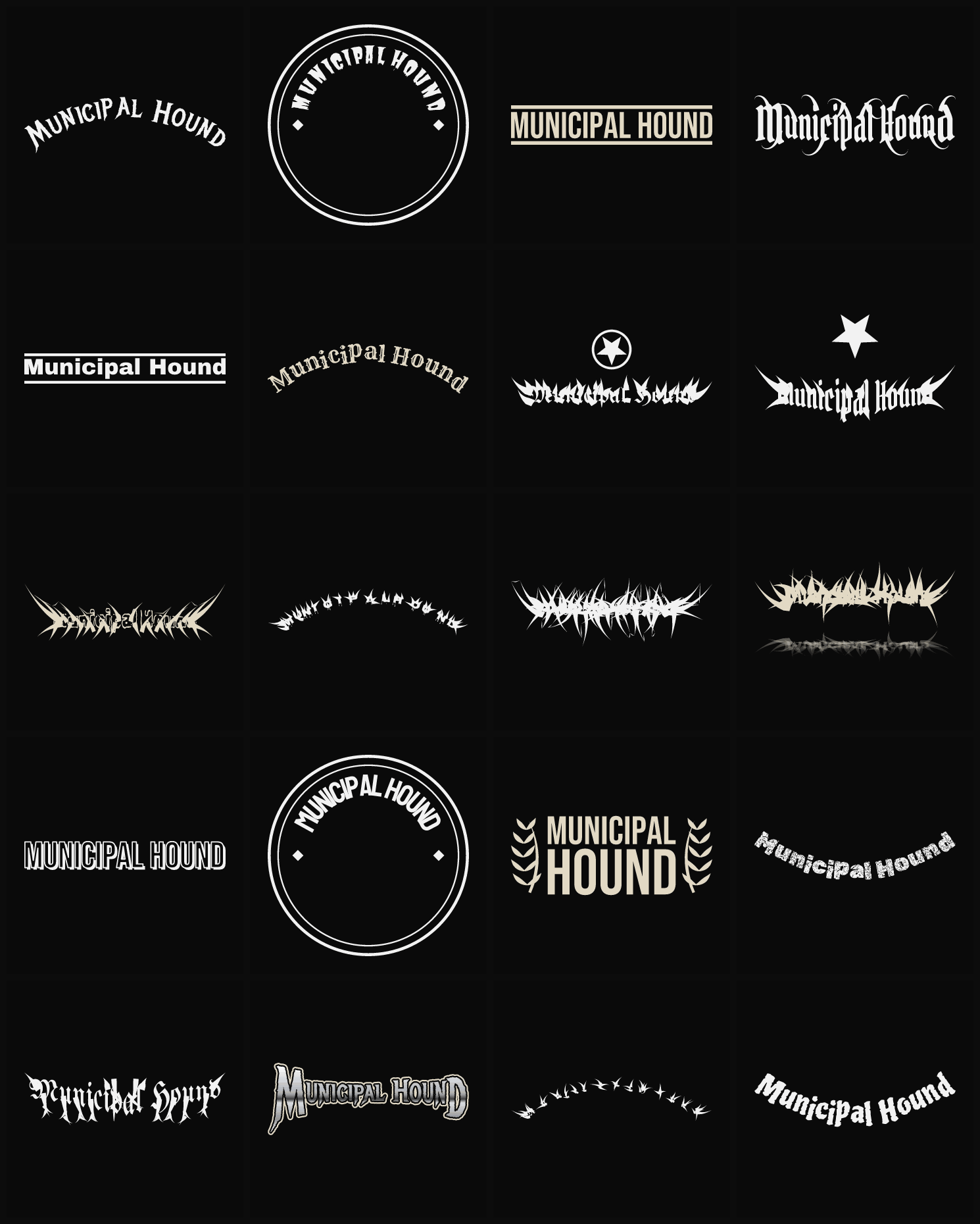 Twenty Municipal Hound band logo ideas — different faces, treatments and spike settings