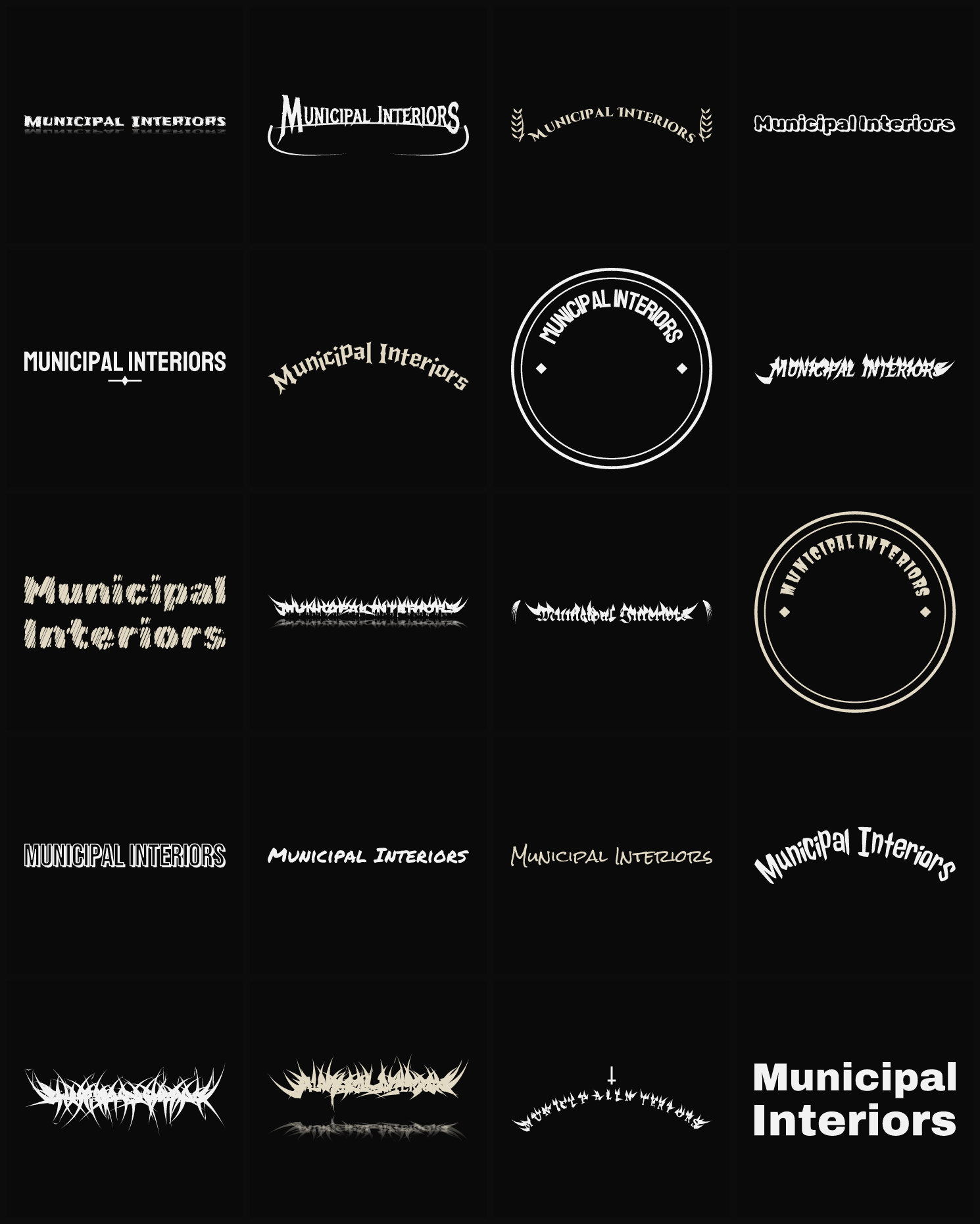 Twenty Municipal Interiors band logo ideas — different faces, treatments and spike settings