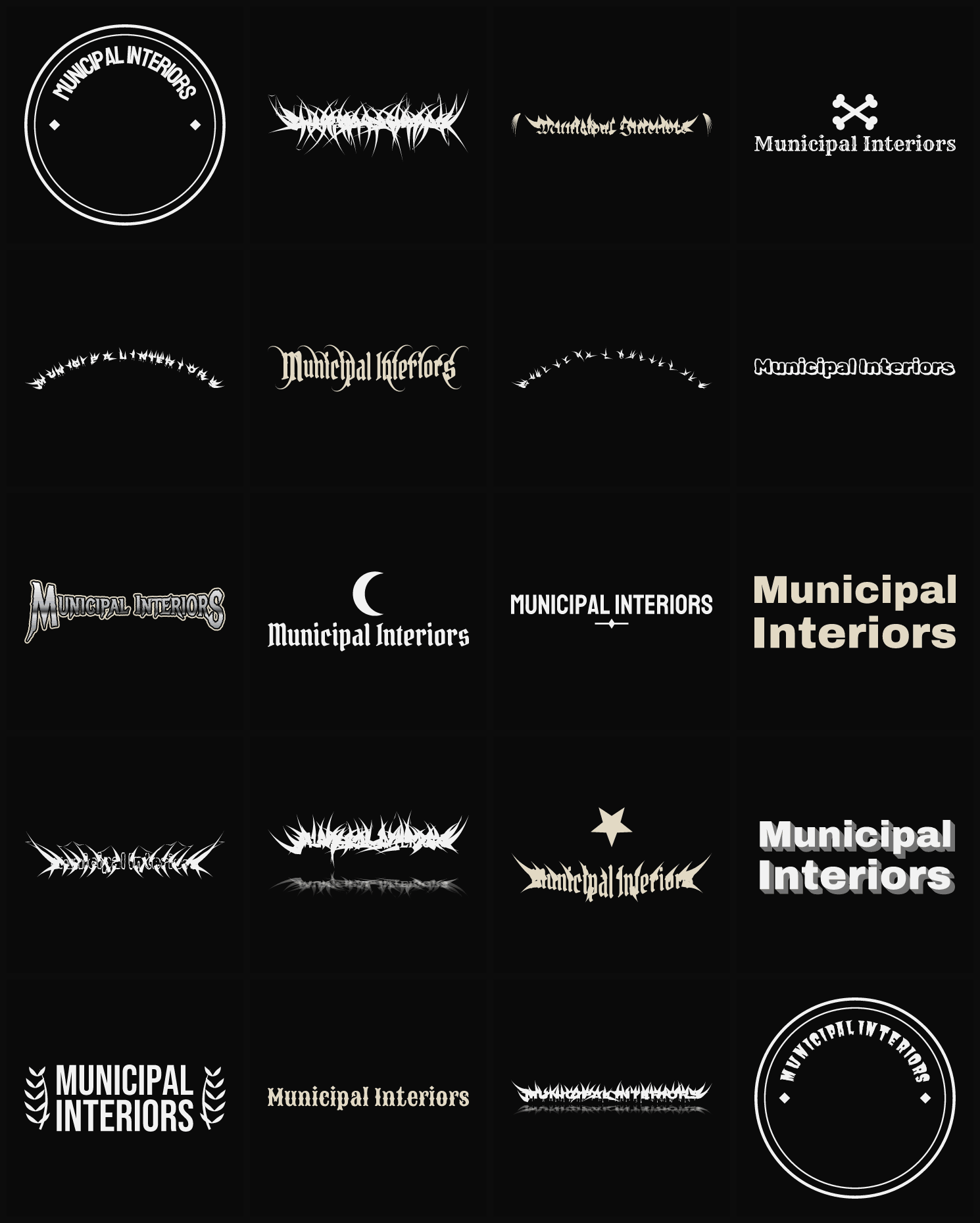 Twenty Municipal Interiors band logo ideas — different faces, treatments and spike settings