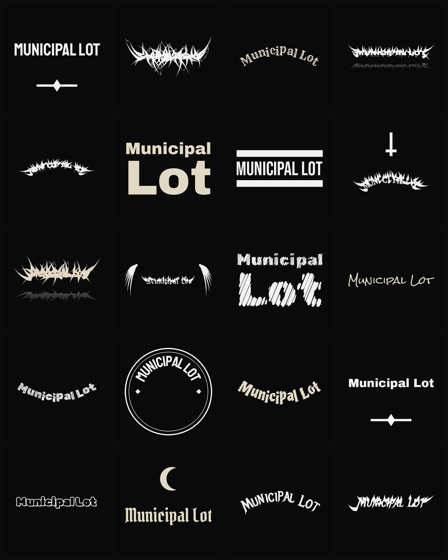 Twenty Municipal Lot band logo ideas — different faces, treatments and spike settings