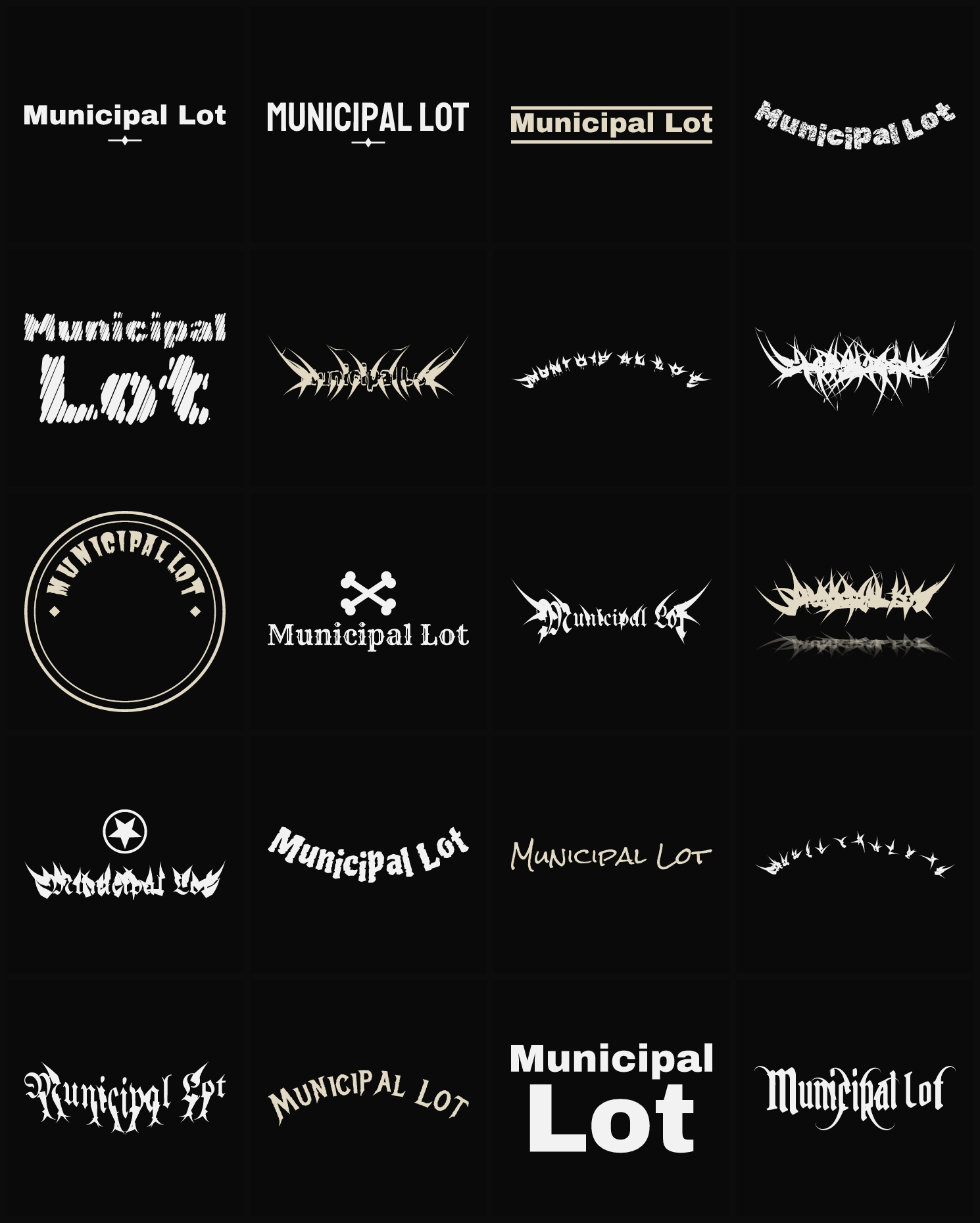 Twenty Municipal Lot band logo ideas — different faces, treatments and spike settings