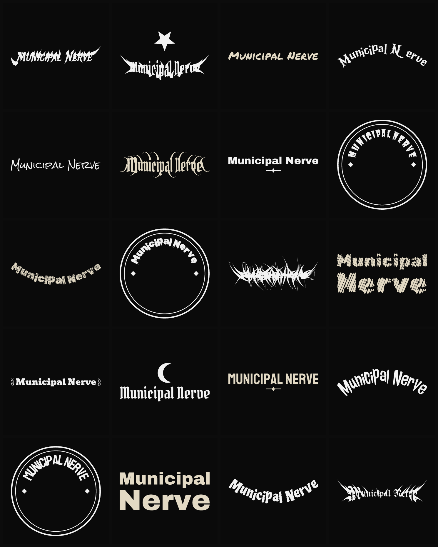 Twenty Municipal Nerve band logo ideas — different faces, treatments and spike settings