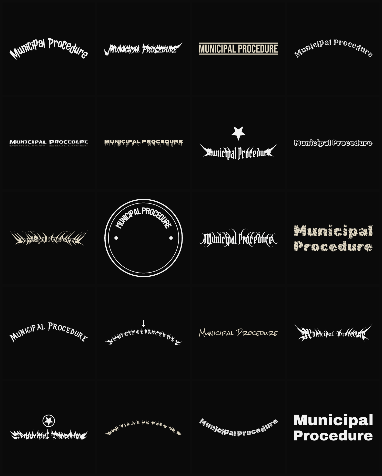 Twenty Municipal Procedure band logo ideas — different faces, treatments and spike settings