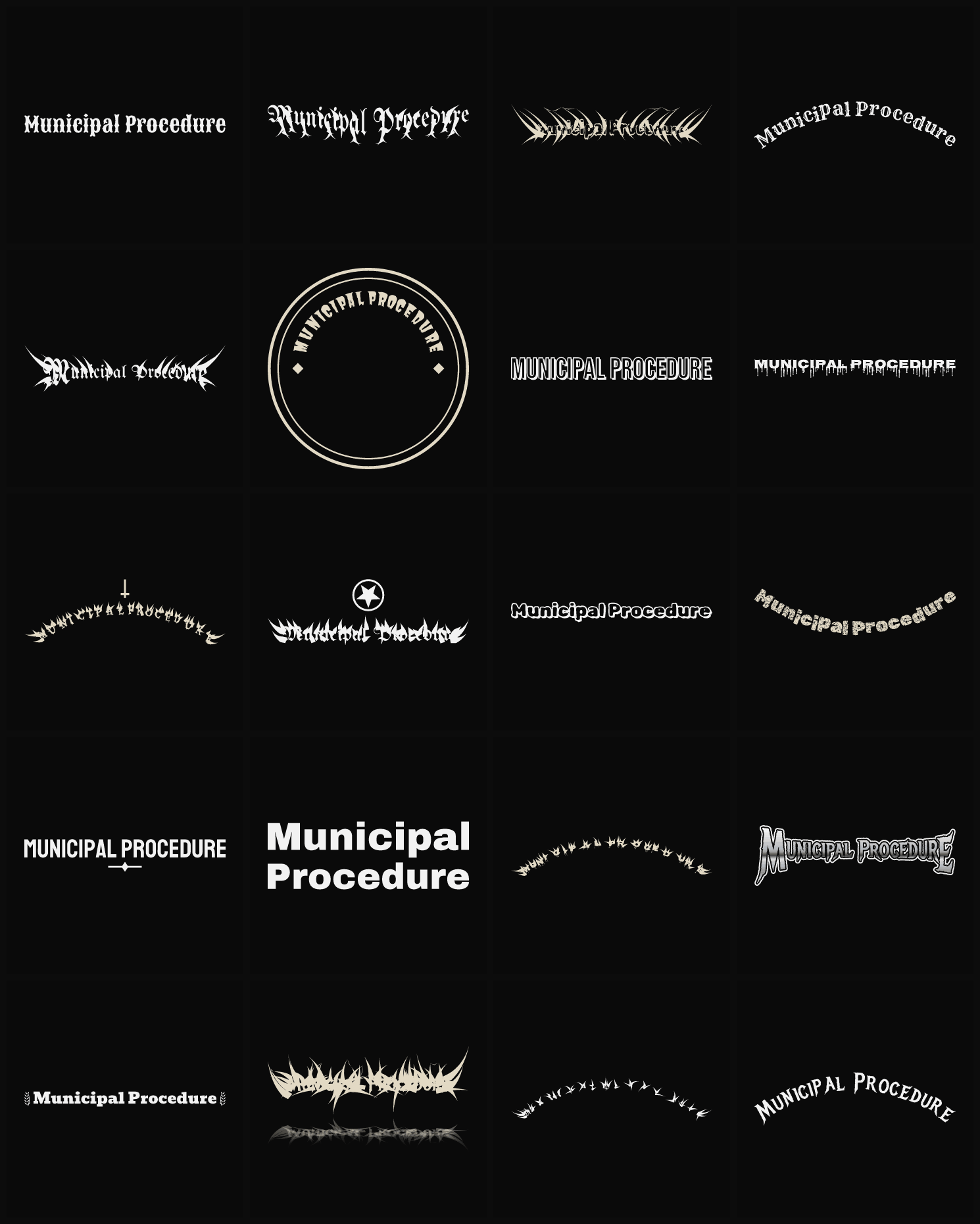 Twenty Municipal Procedure band logo ideas — different faces, treatments and spike settings
