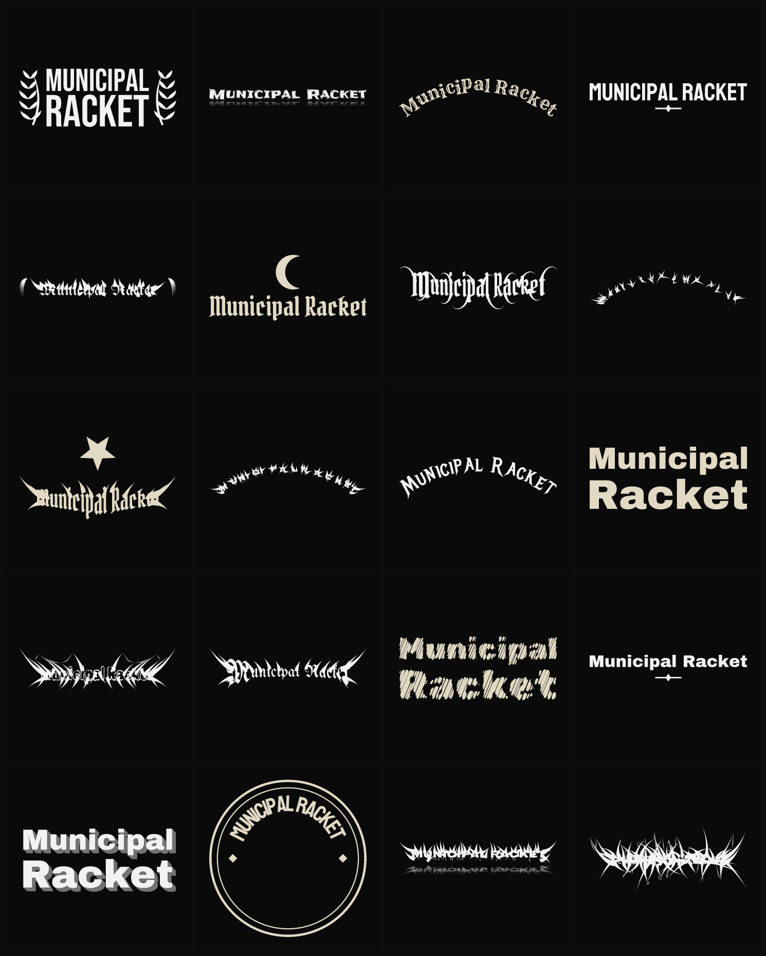 Twenty Municipal Racket band logo ideas — different faces, treatments and spike settings