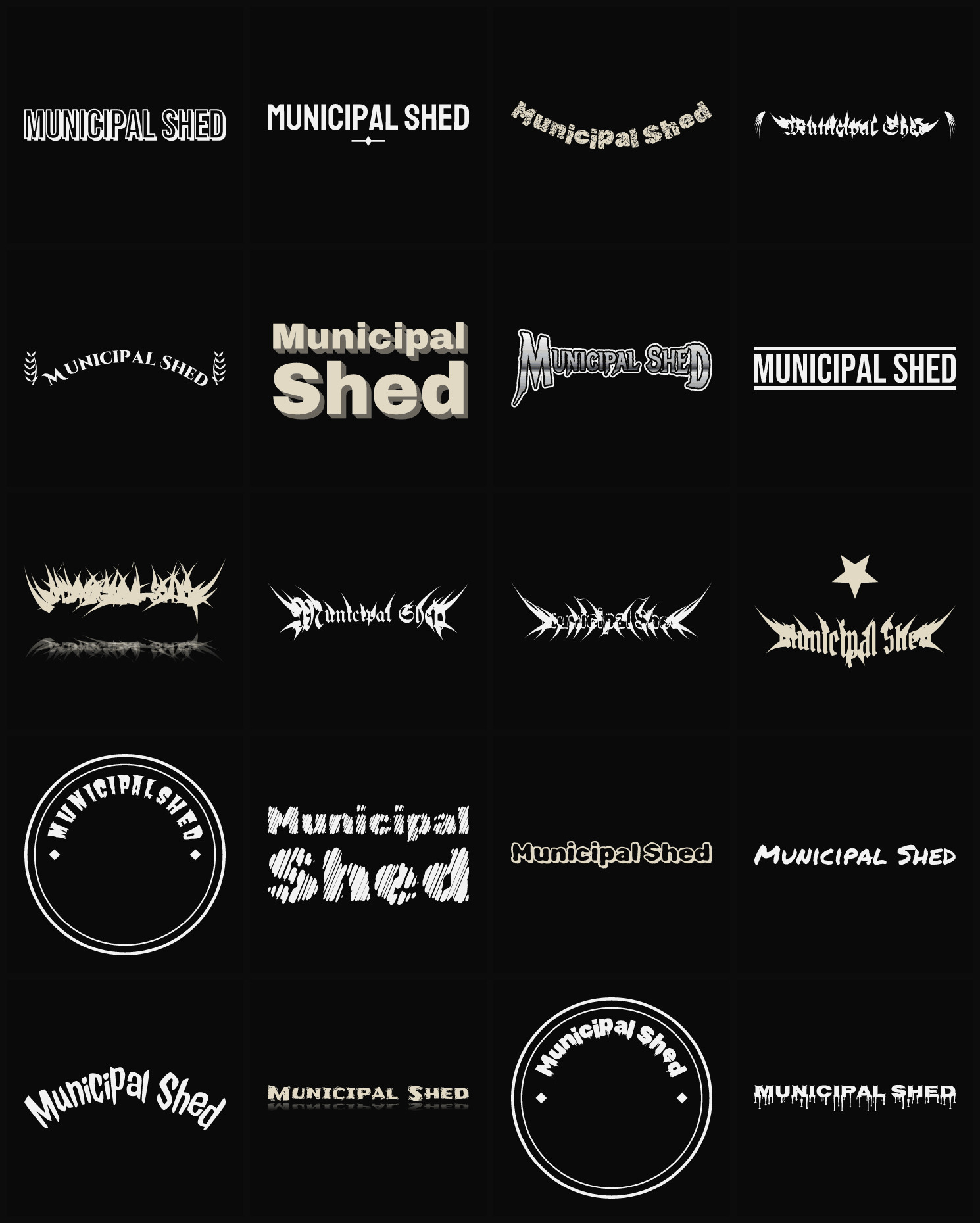 Twenty Municipal Shed band logo ideas — different faces, treatments and spike settings
